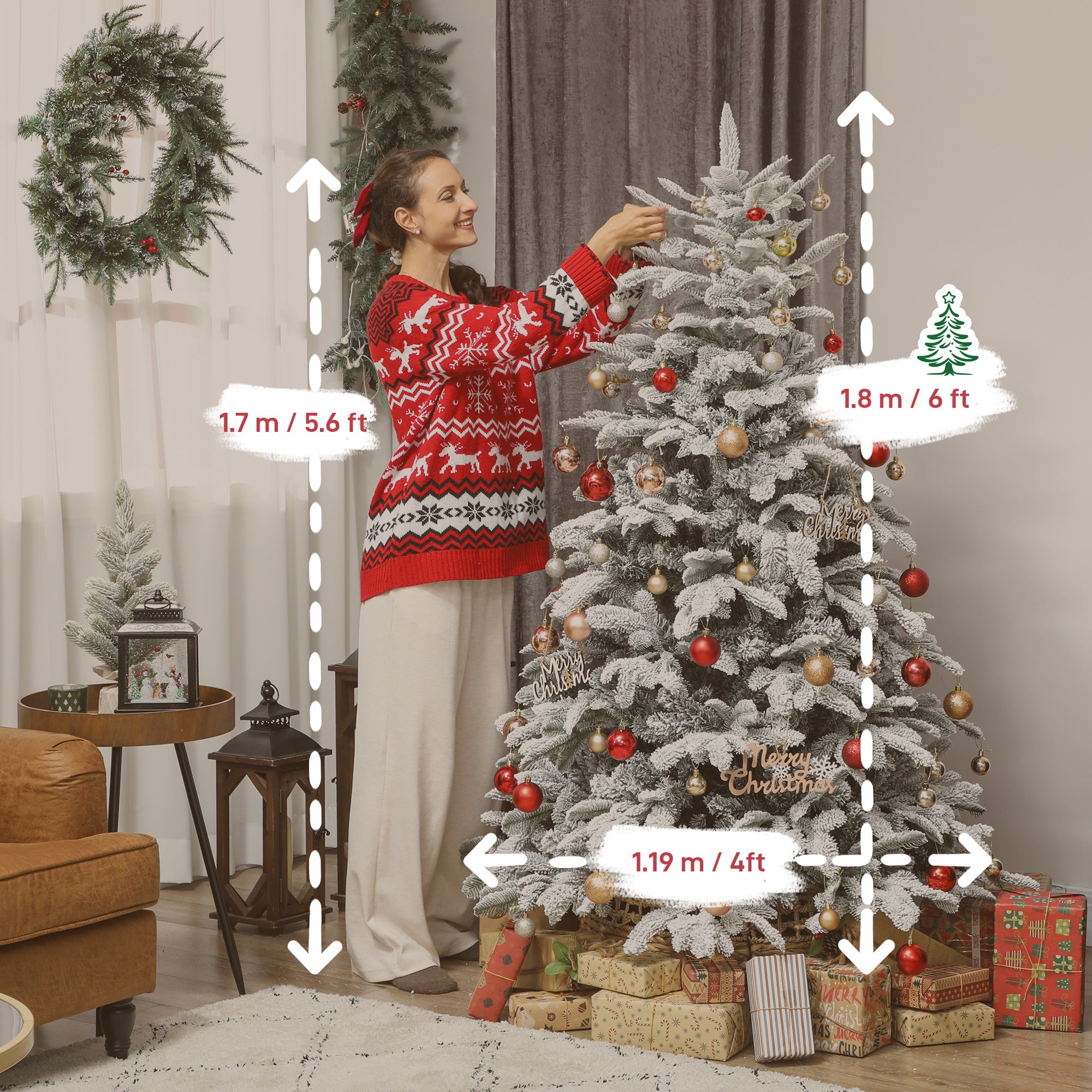 6 ft Artificial Flocked Christmas Tree with 1182 Branches, Hinged Xmas Tree with Foldable Metal Stand, Easy Assembly for Home Office Decor