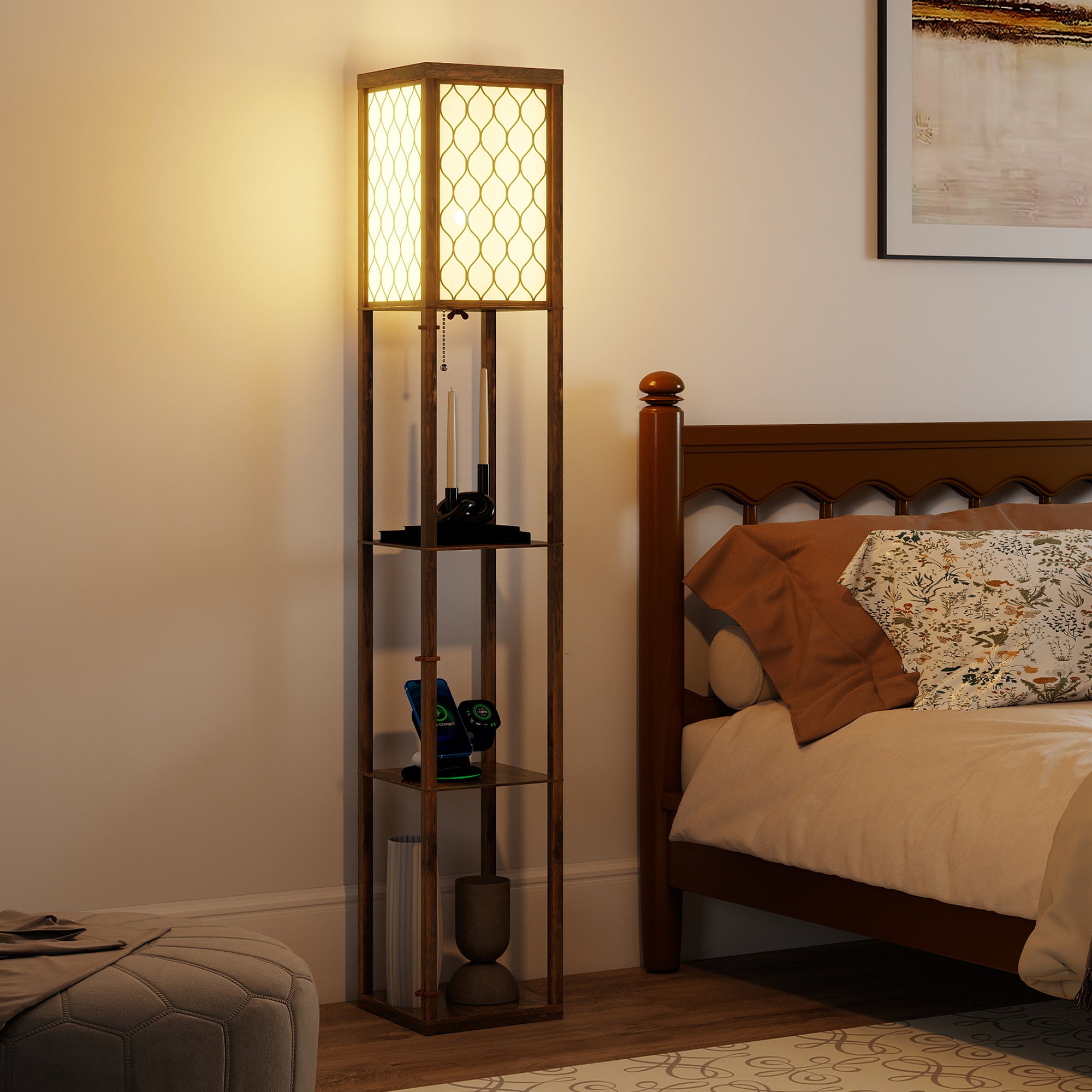 Floor Lamp with Shelves, Single Light, Modern Tall Standing Lamps for Living Room, Bedroom, with Chain Switch, Bulb not Included, Rustic Brown