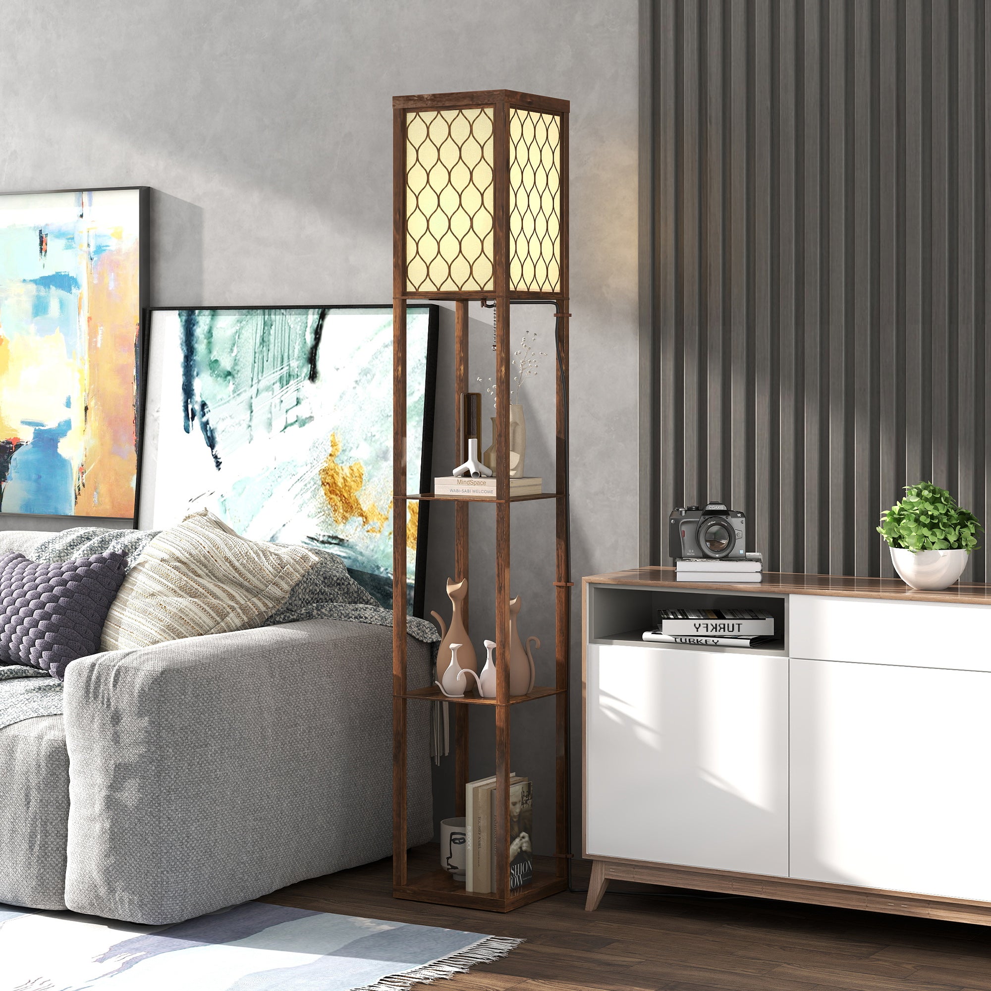 Floor Lamp with Shelves, Single Light, Modern Tall Standing Lamps for Living Room, Bedroom, with Chain Switch, Bulb not Included, Rustic Brown