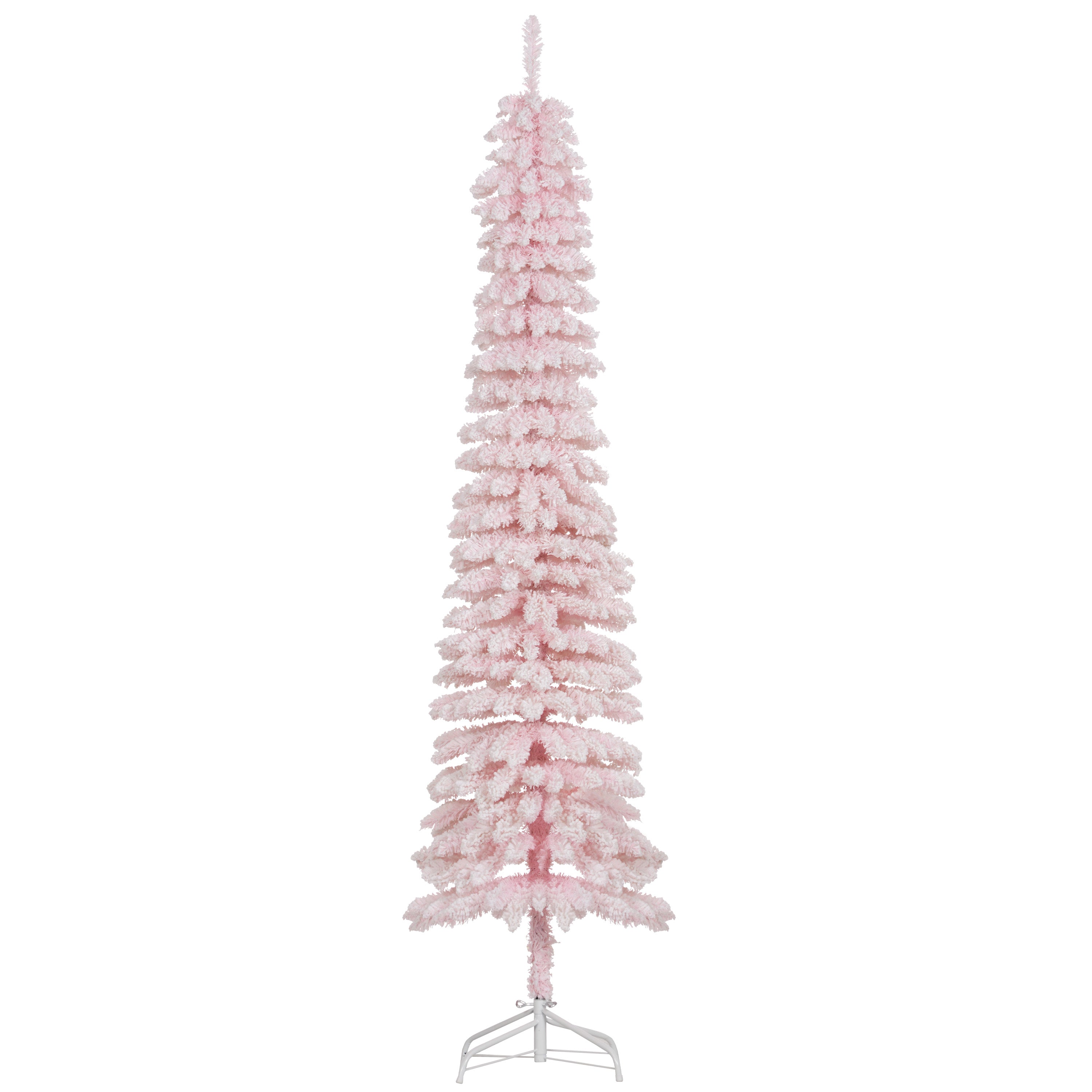 HOMCOM 7 FT Snow-Flocked Artificial Christmas Tree, Slim Pencil Xmas Tree with Realistic Branches, Metal Base, Pink