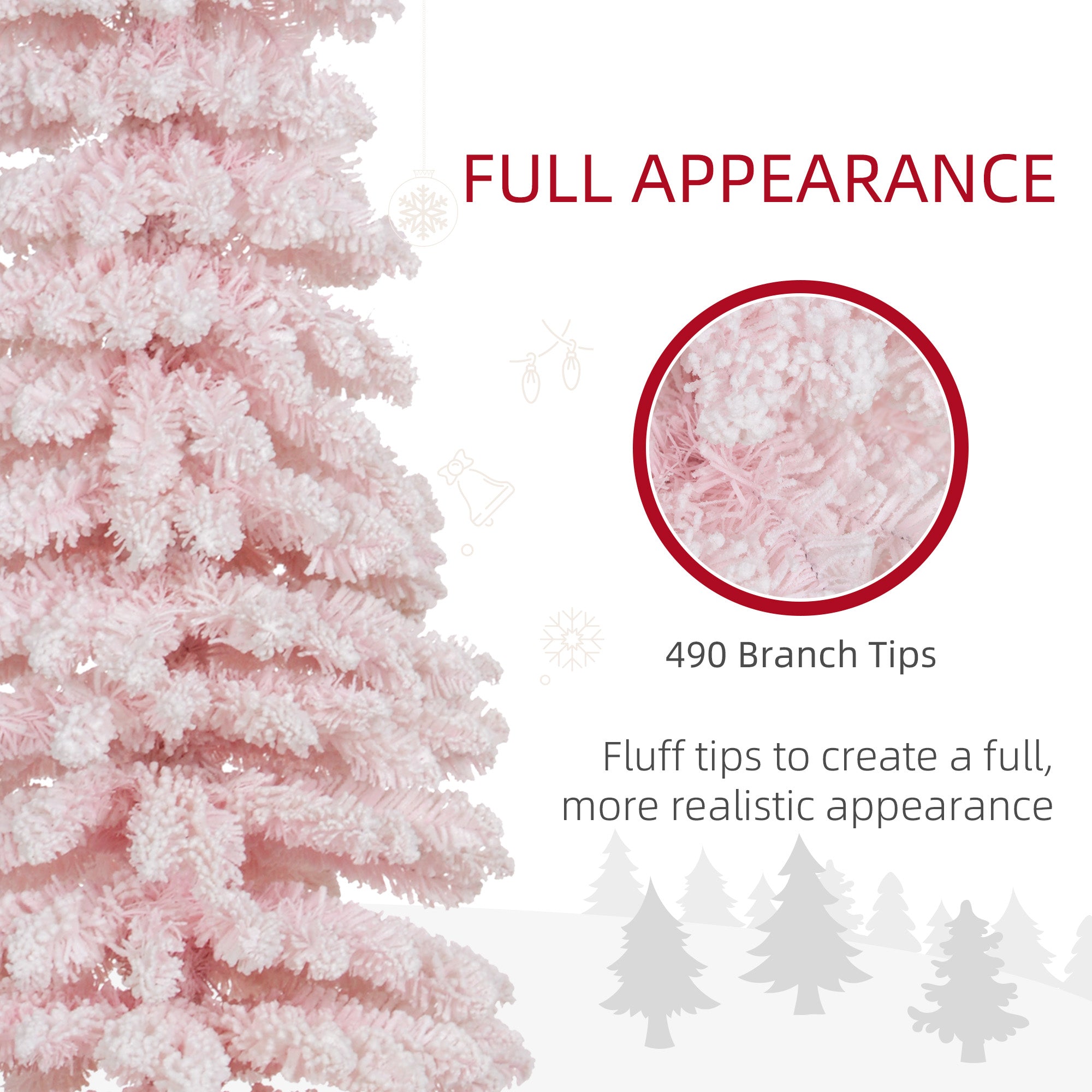 HOMCOM 7 FT Snow-Flocked Artificial Christmas Tree, Slim Pencil Xmas Tree with Realistic Branches, Metal Base, Pink
