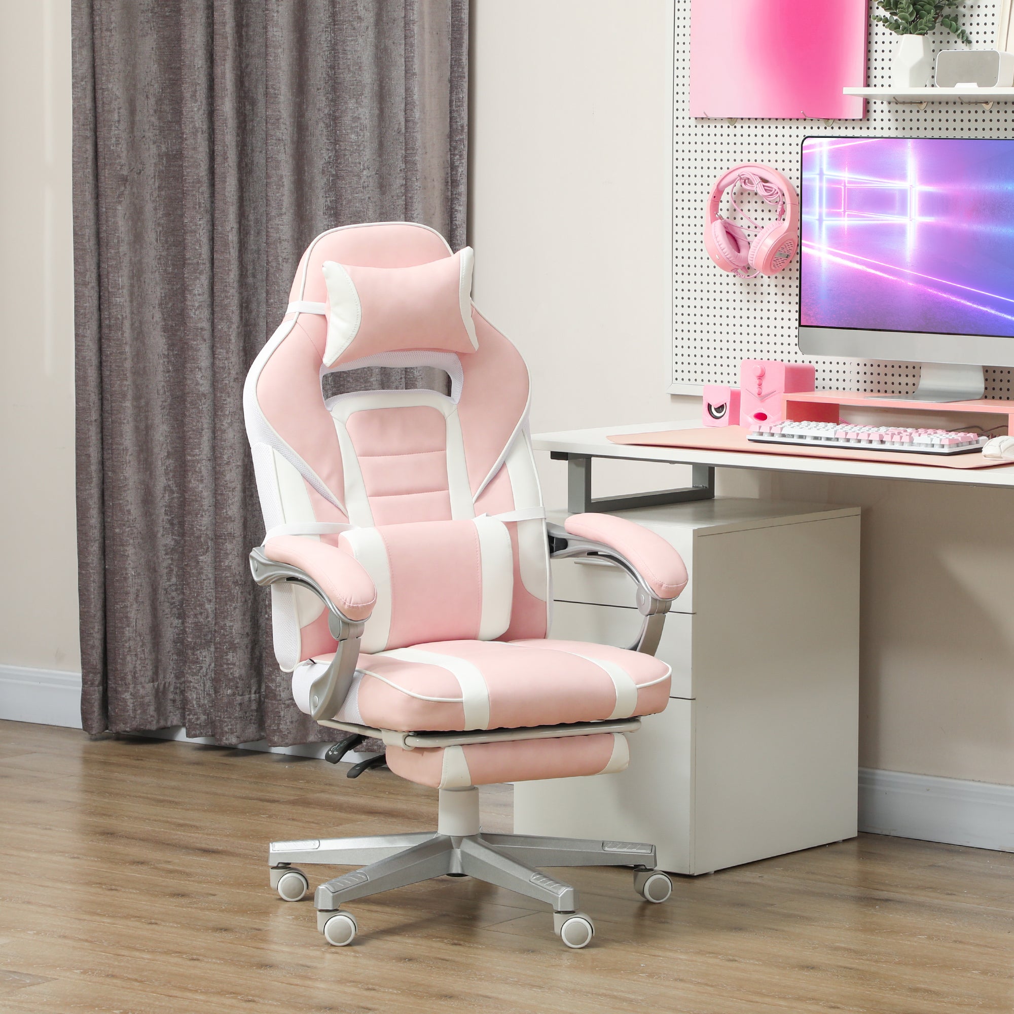 HOMCOM Gaming Chair with Footrest, PU Leather Computer Chair, Swivel Game Chair with 150° Reclining Back and Lumbar Support for Adults, Pink