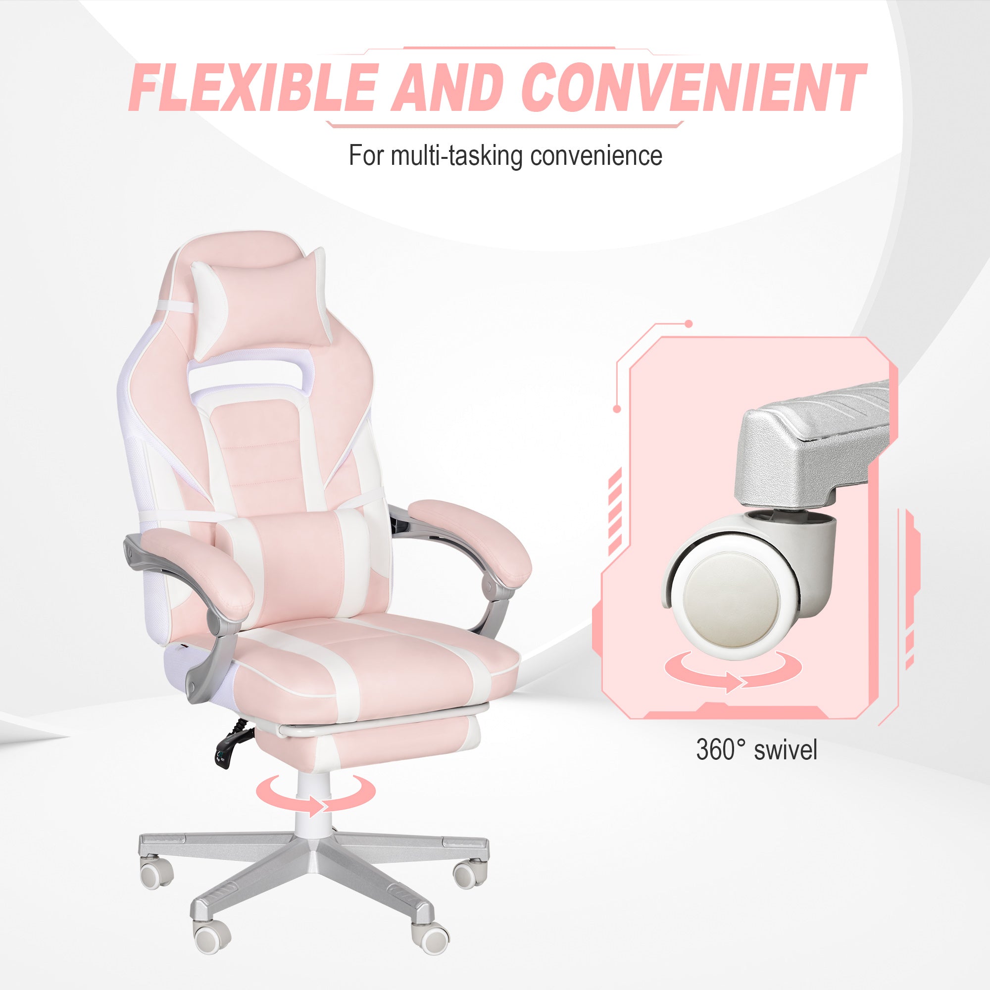 HOMCOM Gaming Chair with Footrest, PU Leather Computer Chair, Swivel Game Chair with 150° Reclining Back and Lumbar Support for Adults, Pink