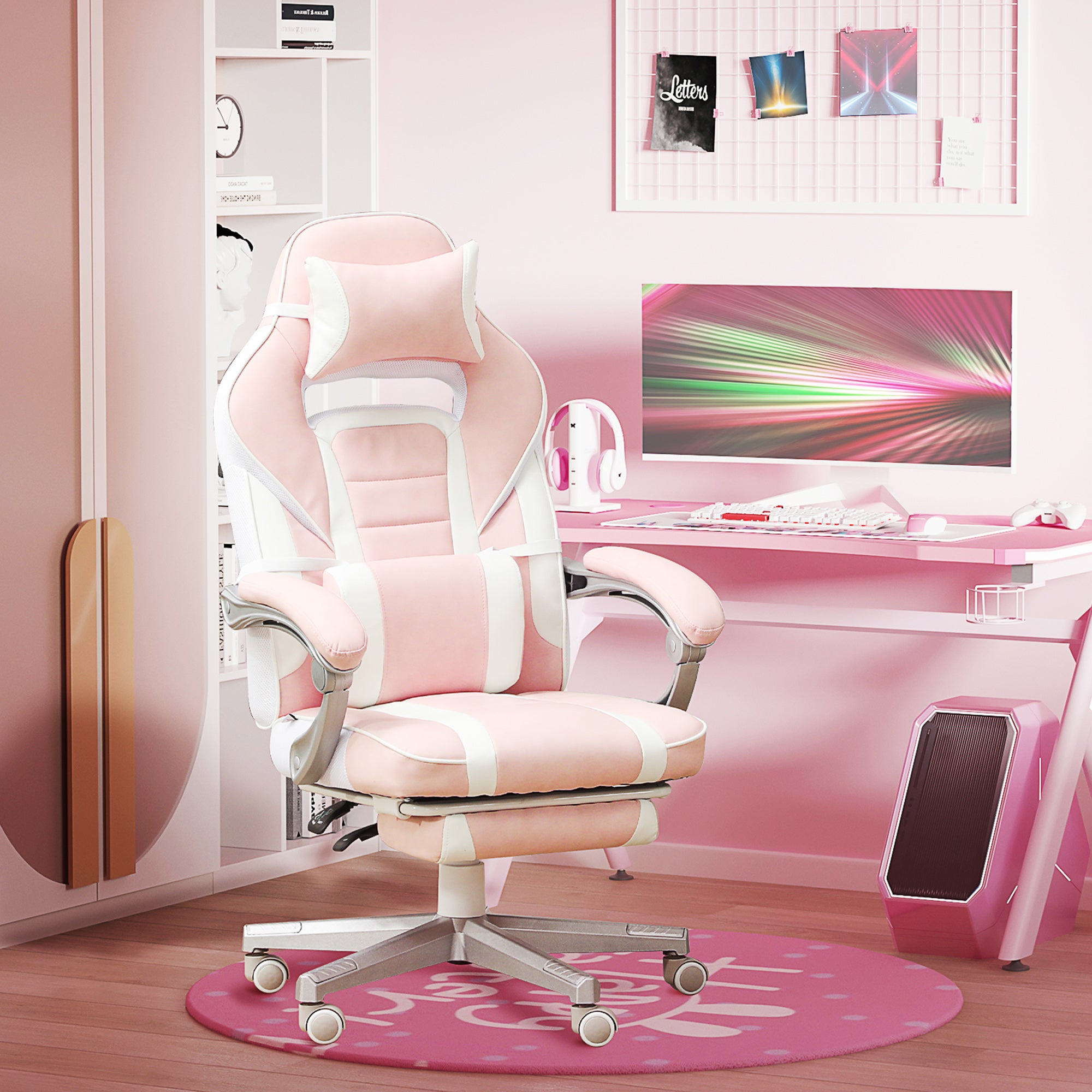 HOMCOM Gaming Chair with Footrest, PU Leather Computer Chair, Swivel Game Chair with 150° Reclining Back and Lumbar Support for Adults, Pink