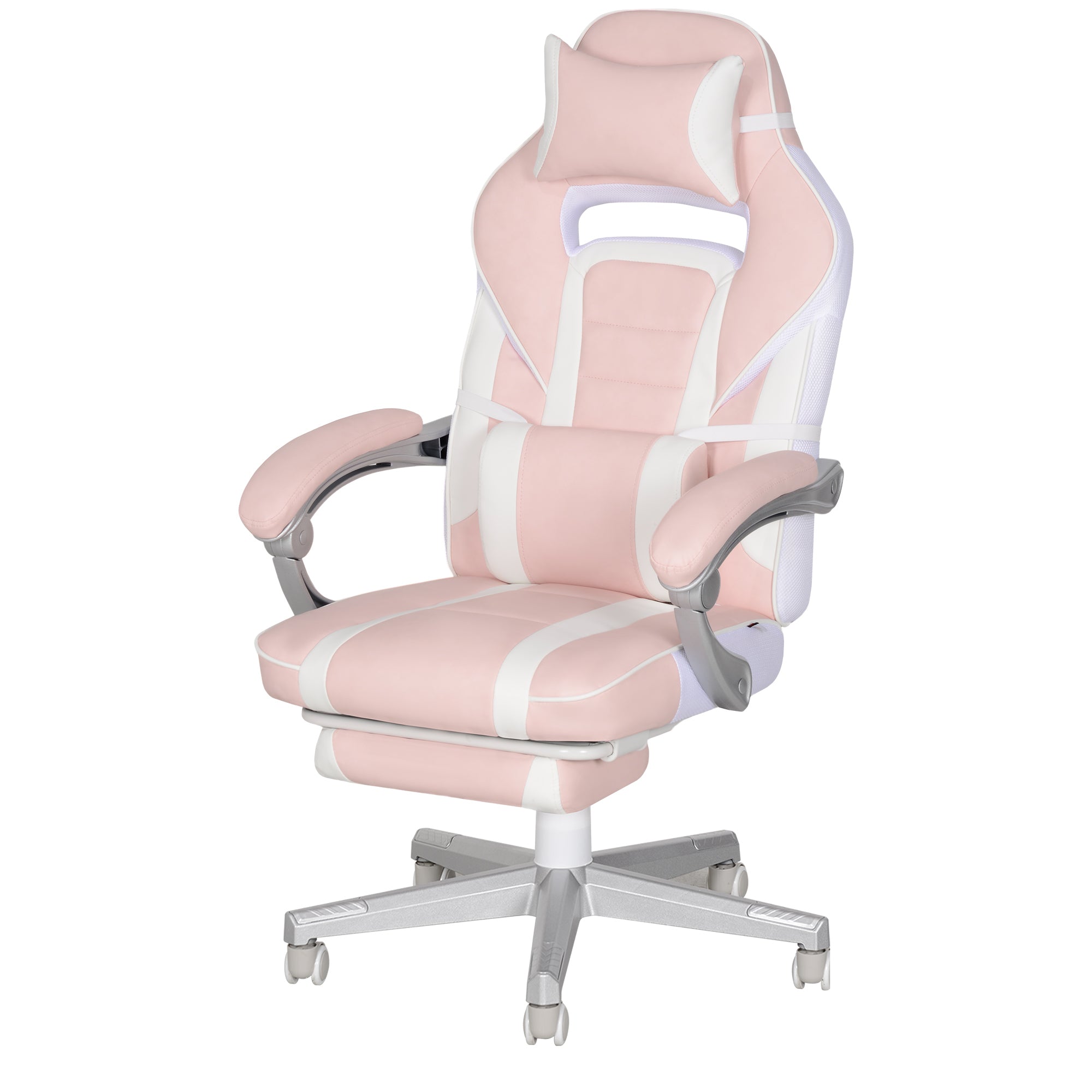 HOMCOM Gaming Chair with Footrest, PU Leather Computer Chair, Swivel Game Chair with 150° Reclining Back and Lumbar Support for Adults, Pink