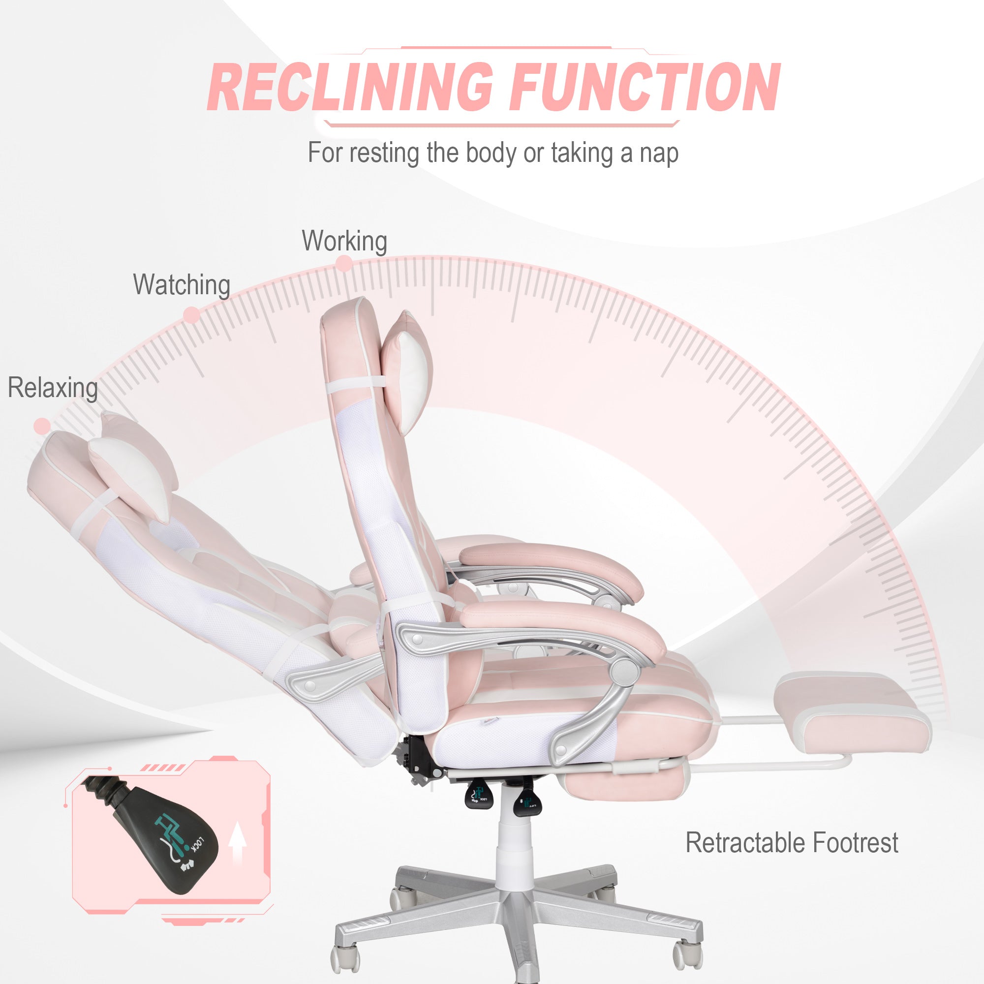 HOMCOM Gaming Chair with Footrest, PU Leather Computer Chair, Swivel Game Chair with 150° Reclining Back and Lumbar Support for Adults, Pink