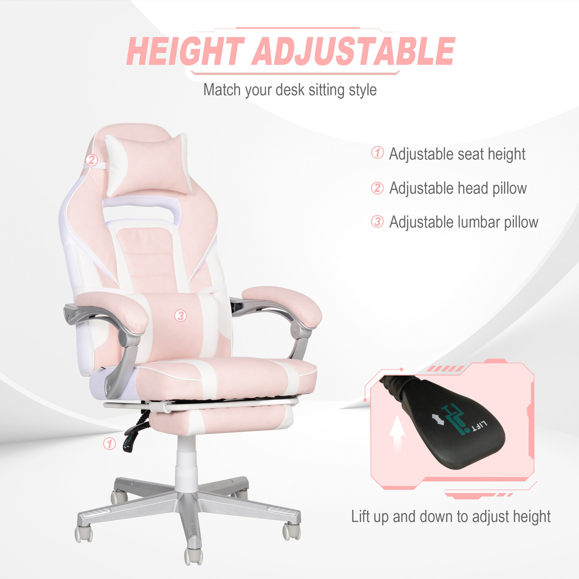 HOMCOM Gaming Chair with Footrest, PU Leather Computer Chair, Swivel Game Chair with 150° Reclining Back and Lumbar Support for Adults, Pink