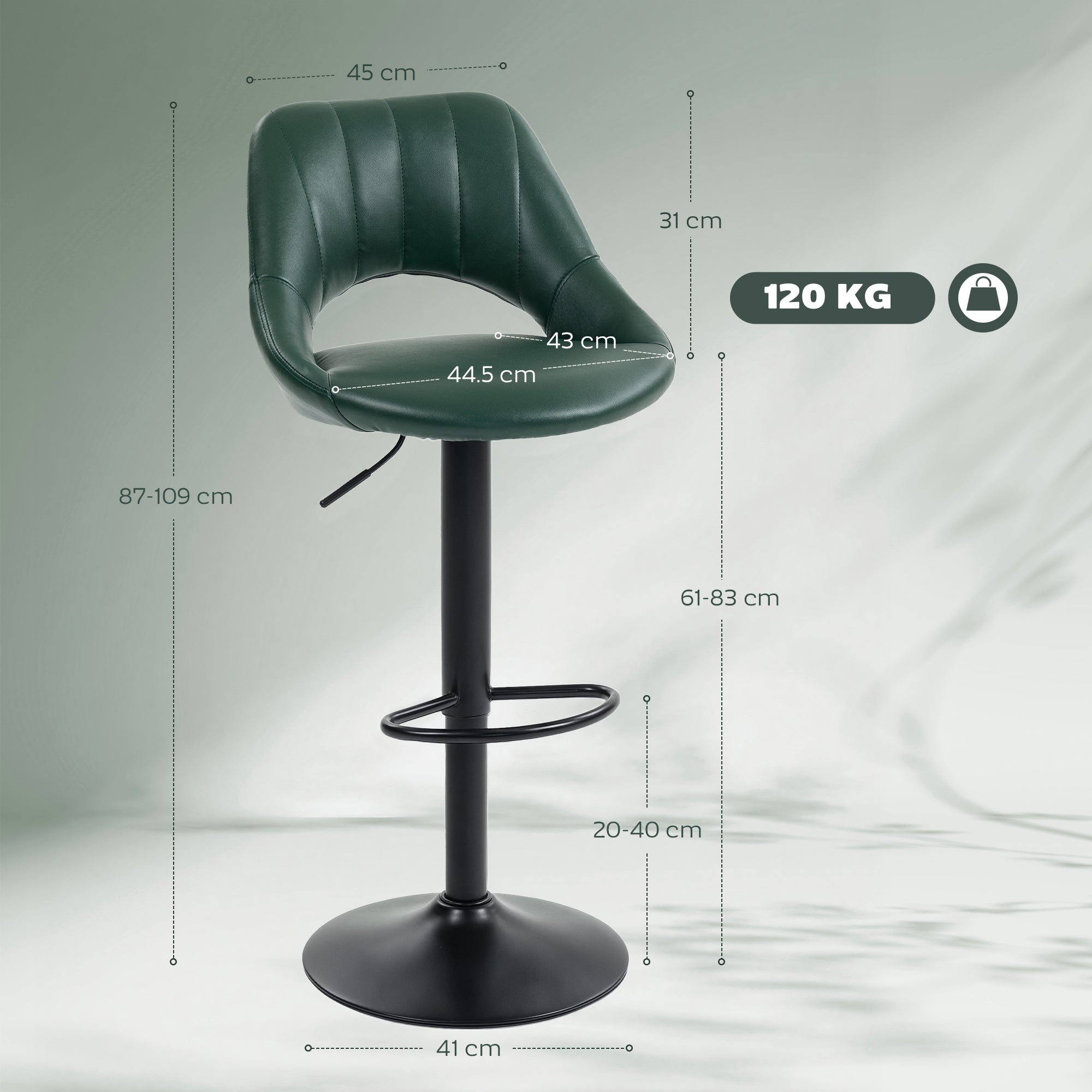 Bar Stools Set of 2, Swivel Barstools with Adjustable Height, Backrest and Footrest, Modern PU Leather Upholstered Breakfast Bar Chairs for Kitchen Island, Counter, Dining Room, Dark Green