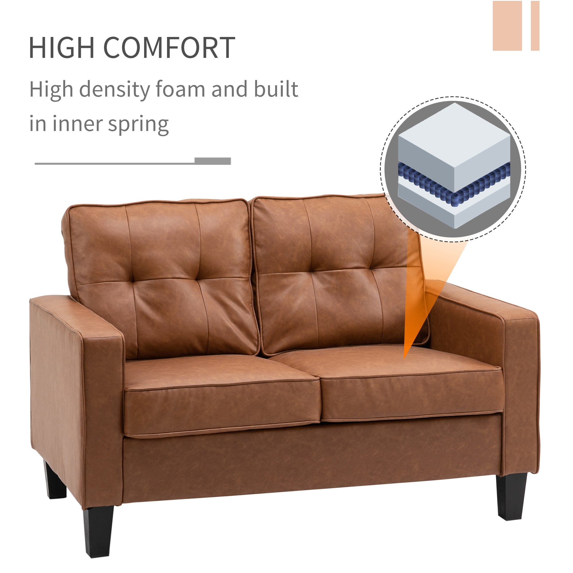 HOMCOM 51" PU Leather Loveseat, Double Sofa with Armrests, Tufted Backrest, Pocket Spring and Sponge Padded Cushion for Living Room, Bedroom, Home Office and Dorm, Brown