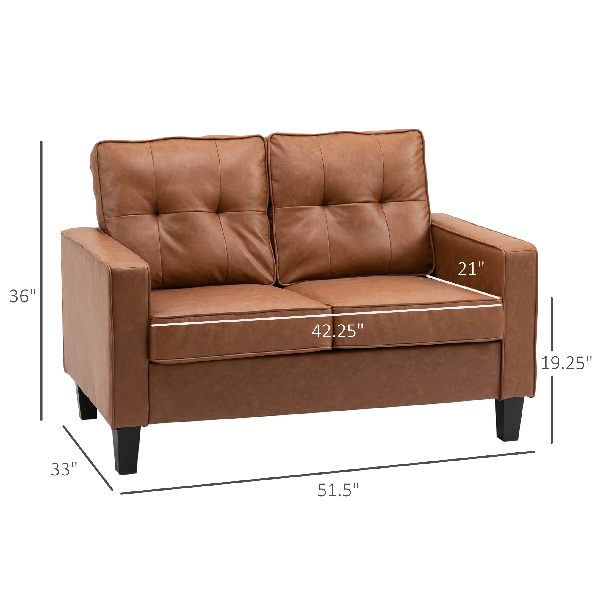 HOMCOM 51" PU Leather Loveseat, Double Sofa with Armrests, Tufted Backrest, Pocket Spring and Sponge Padded Cushion for Living Room, Bedroom, Home Office and Dorm, Brown