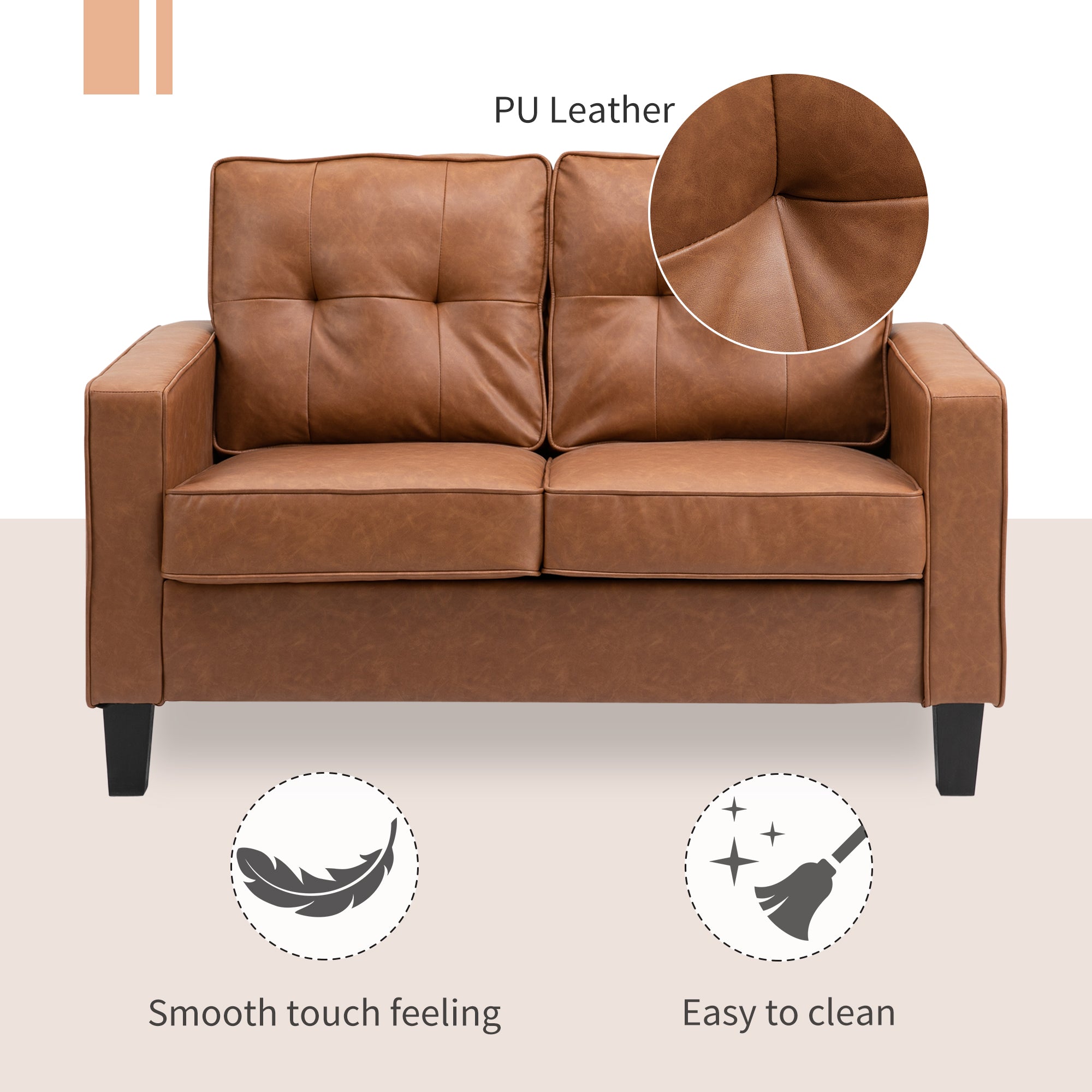 HOMCOM 51" PU Leather Loveseat, Double Sofa with Armrests, Tufted Backrest, Pocket Spring and Sponge Padded Cushion for Living Room, Bedroom, Home Office and Dorm, Brown