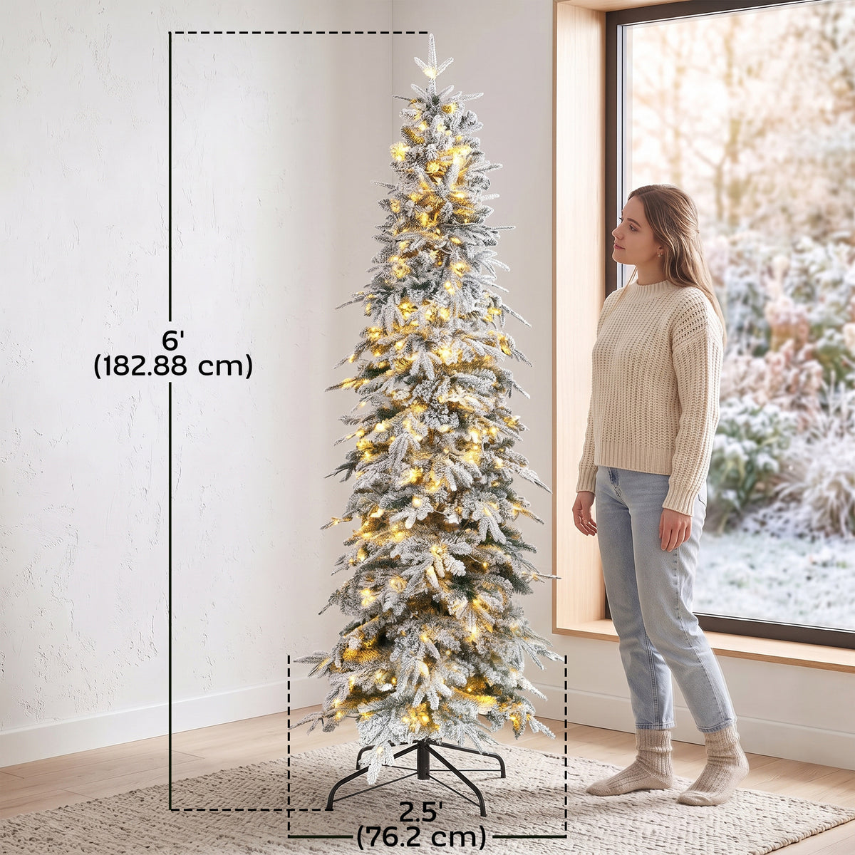 6ft Prelit Flocked Christmas Tree, Artificial Pencil Hinged Xmas Tree with Slim Downswept Shape, 280 Warm White LED Lights, 8 Modes, Daily Timer, 600 Tips, Remote, Steel Stand, Green White
