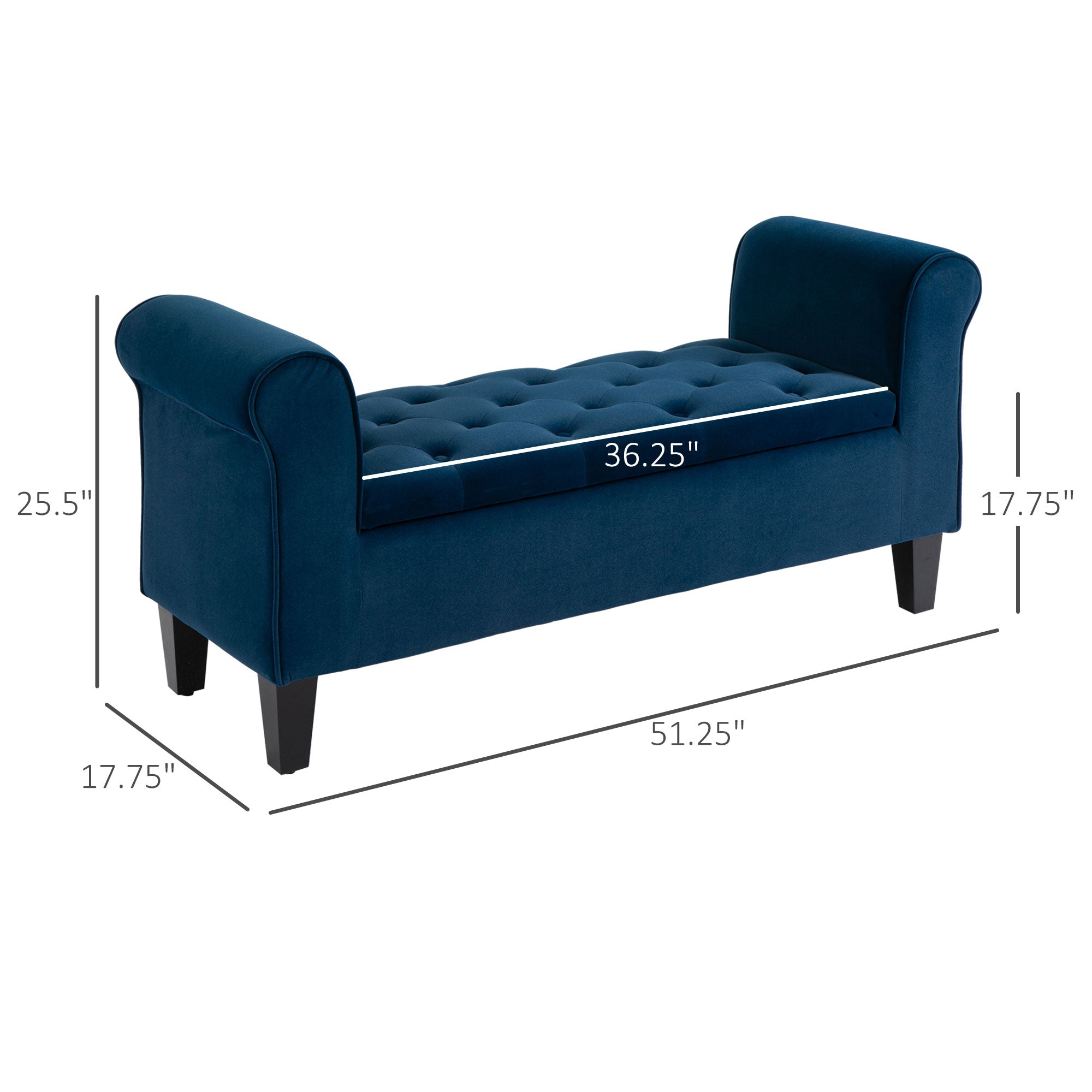 Button Tufted Storage Ottoman, Upholstered Bench with Rolled Armrests, Blue