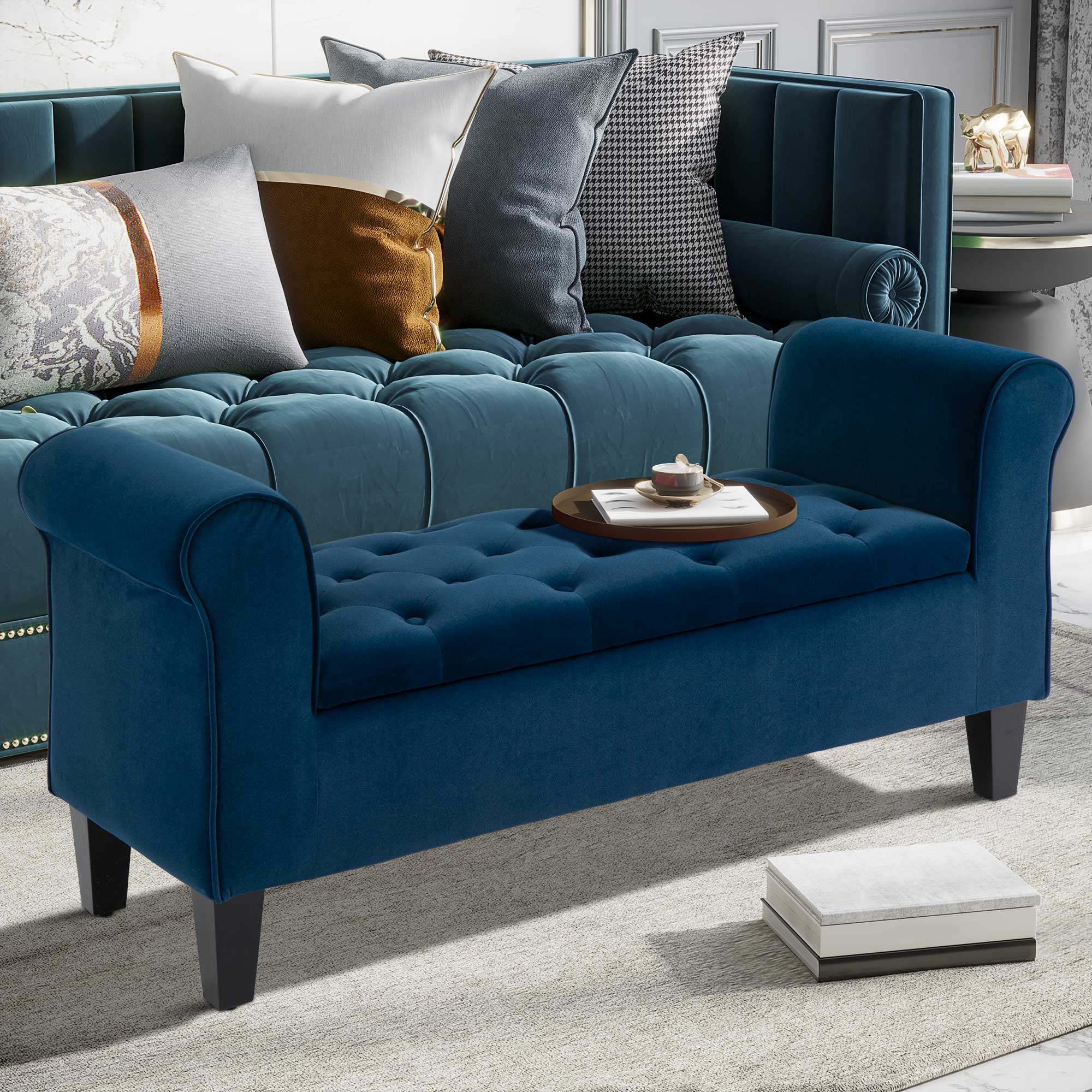Button Tufted Storage Ottoman, Upholstered Bench with Rolled Armrests, Blue