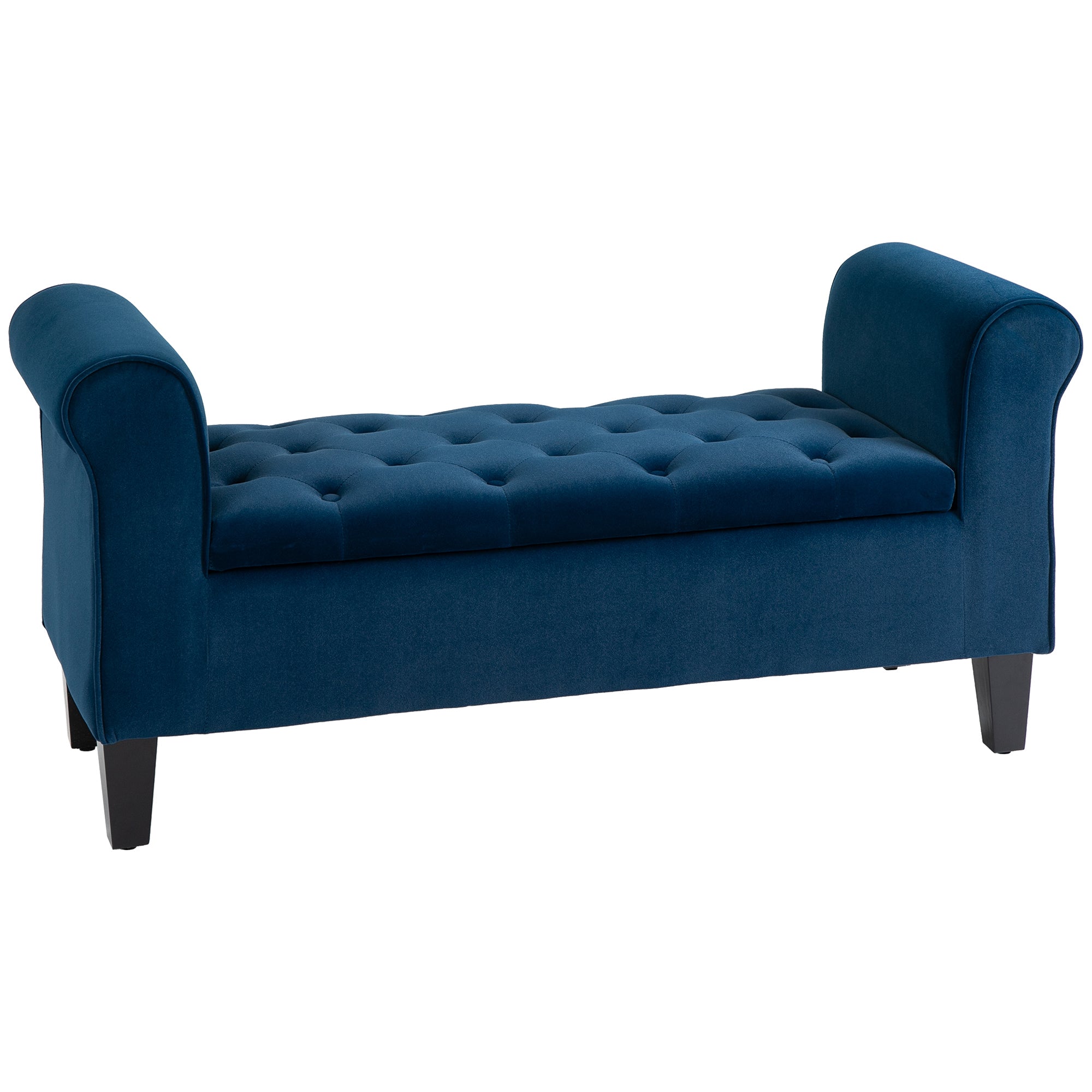 Button Tufted Storage Ottoman, Upholstered Bench with Rolled Armrests, Blue