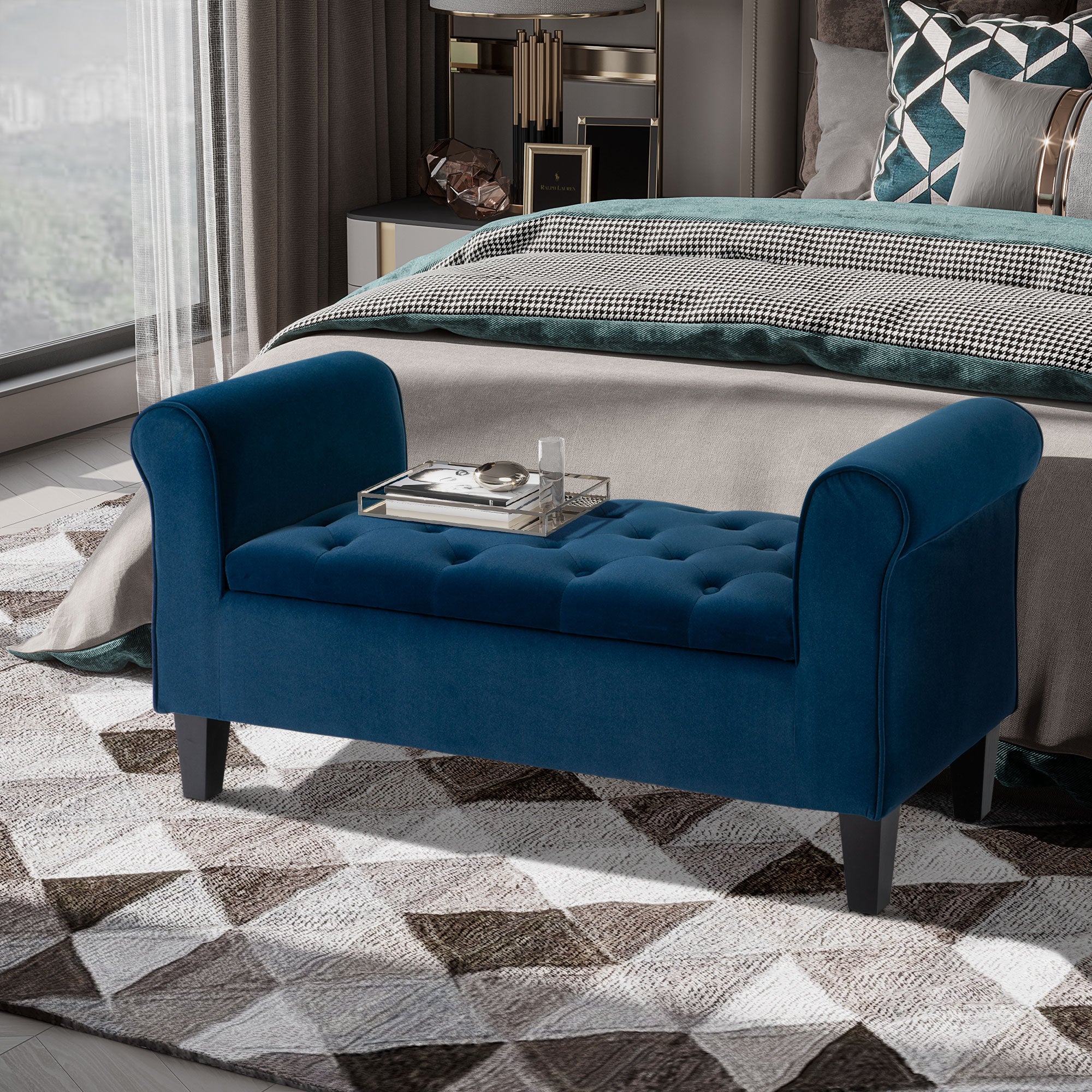 Button Tufted Storage Ottoman, Upholstered Bench with Rolled Armrests, Blue