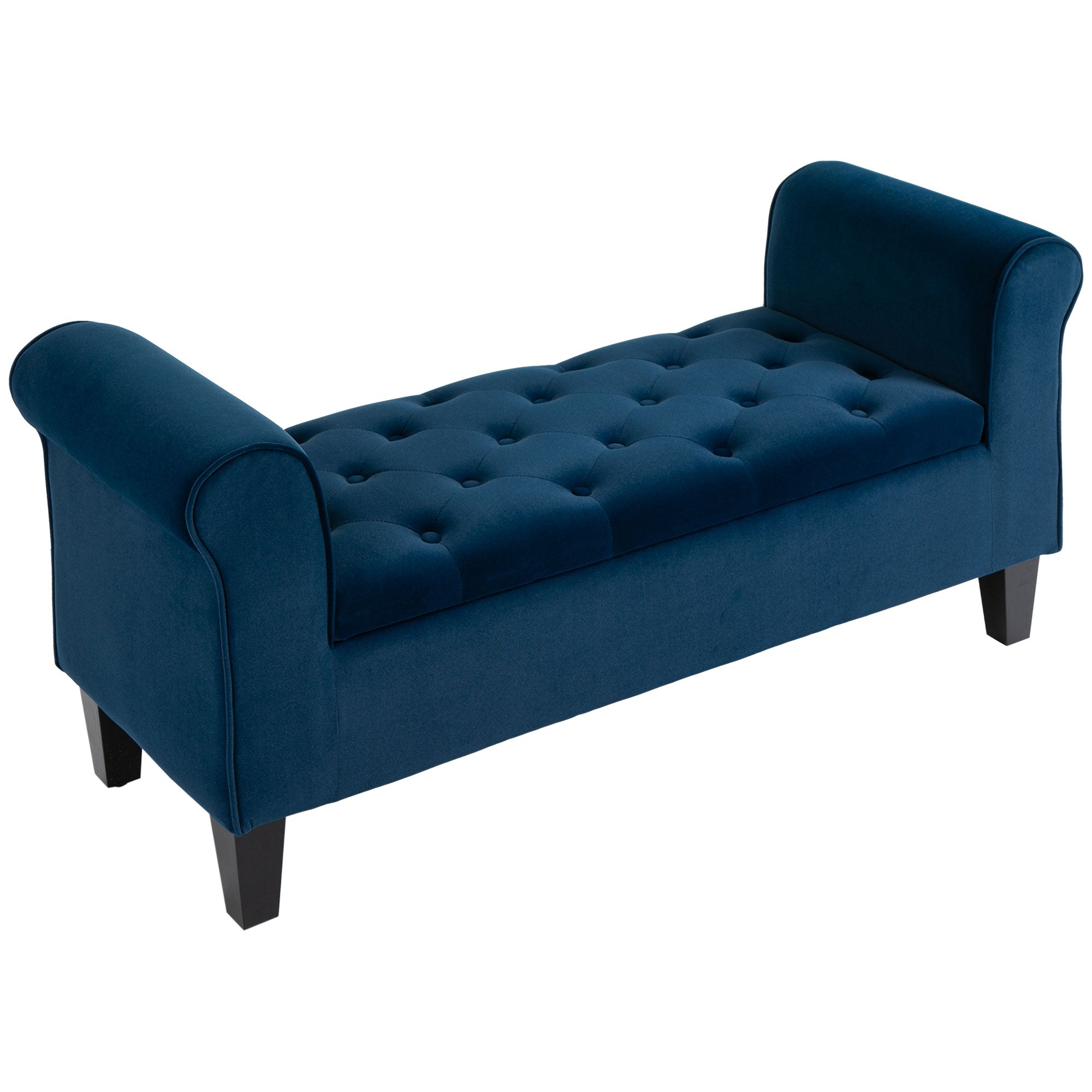Button Tufted Storage Ottoman, Upholstered Bench with Rolled Armrests, Blue