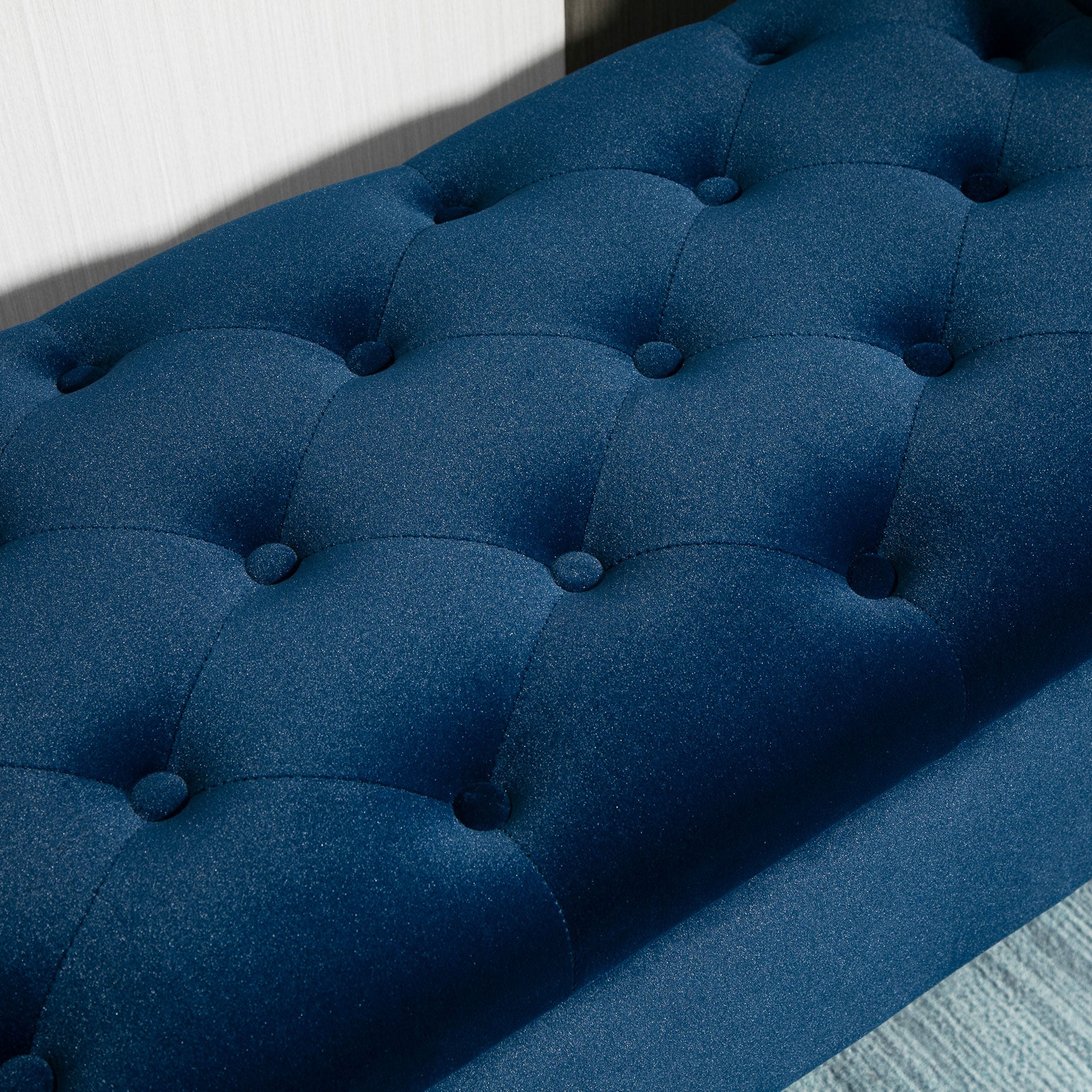 Button Tufted Storage Ottoman, Upholstered Bench with Rolled Armrests, Blue