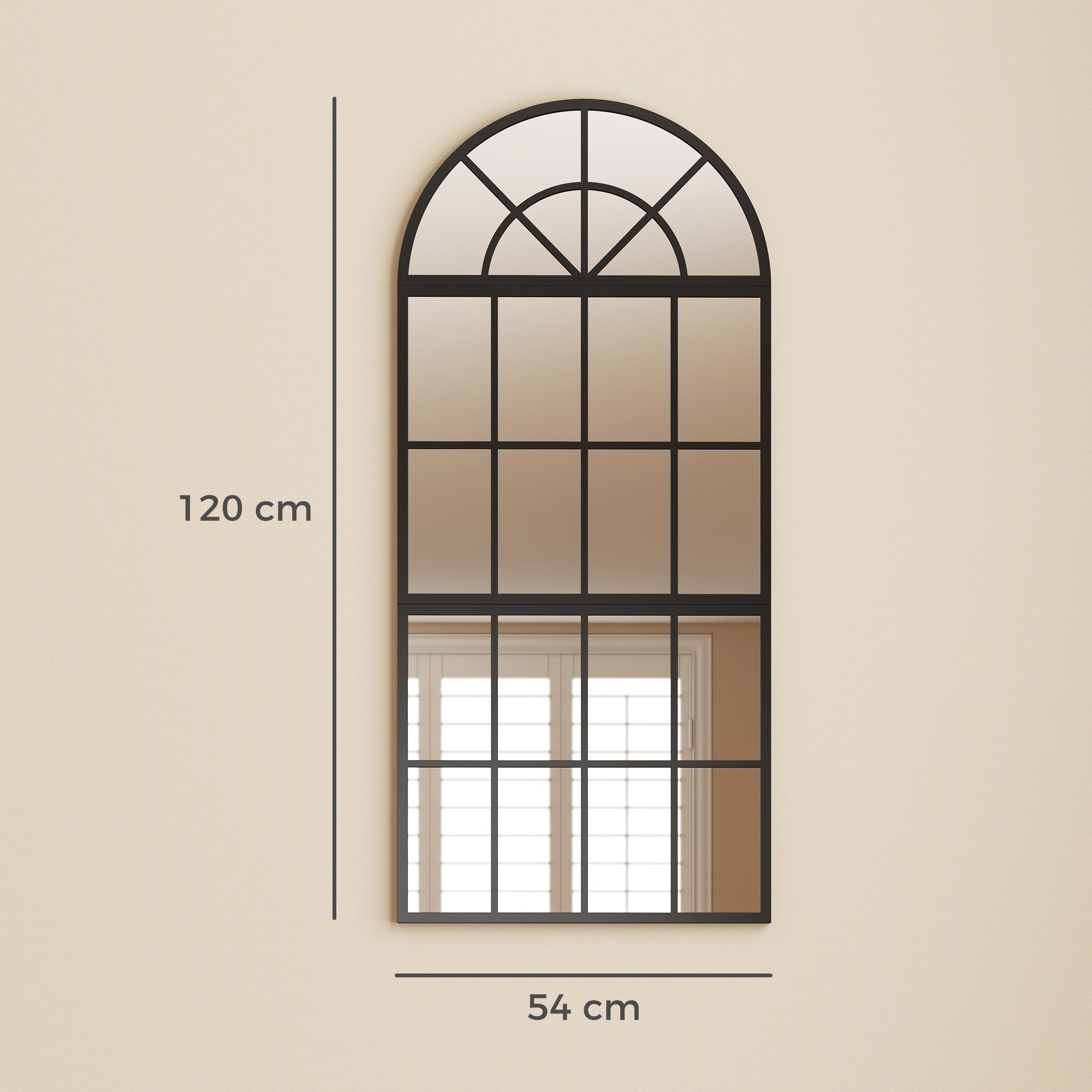 120 x 54 cm, Modern Large Arched Wall Mirror with Metal Grid, 3-Piece Split Window Mirrors with Tempered Glass for Window Decoration, Bedroom and Entryway, Black