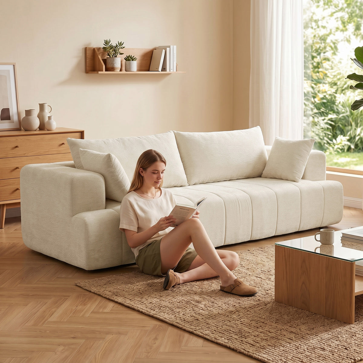 3 Seater Sofa, Chenille Boneless Cloud Couch with Thick Spring Cushion, Wide and Deep Seat, Wide Armrests, 2 Pillows, Anti-Slip Bottom, Modern Sofa Settee for Living Room, Beige