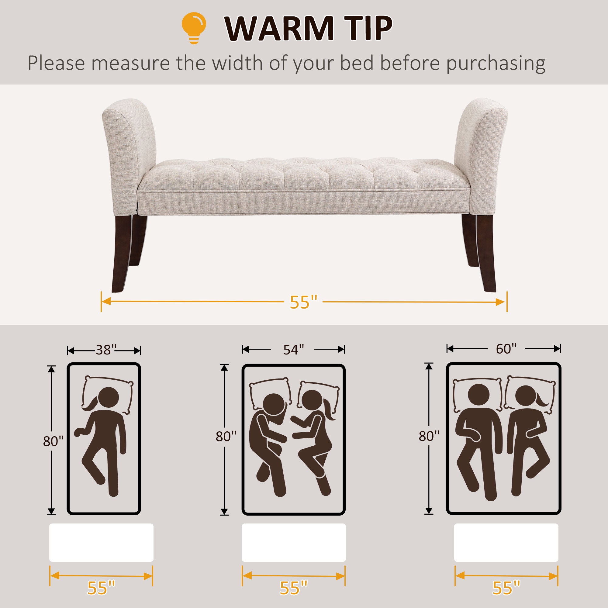 End of Bed Bench with Button Tufted Design, Arms & Solid Wood Legs, Beige