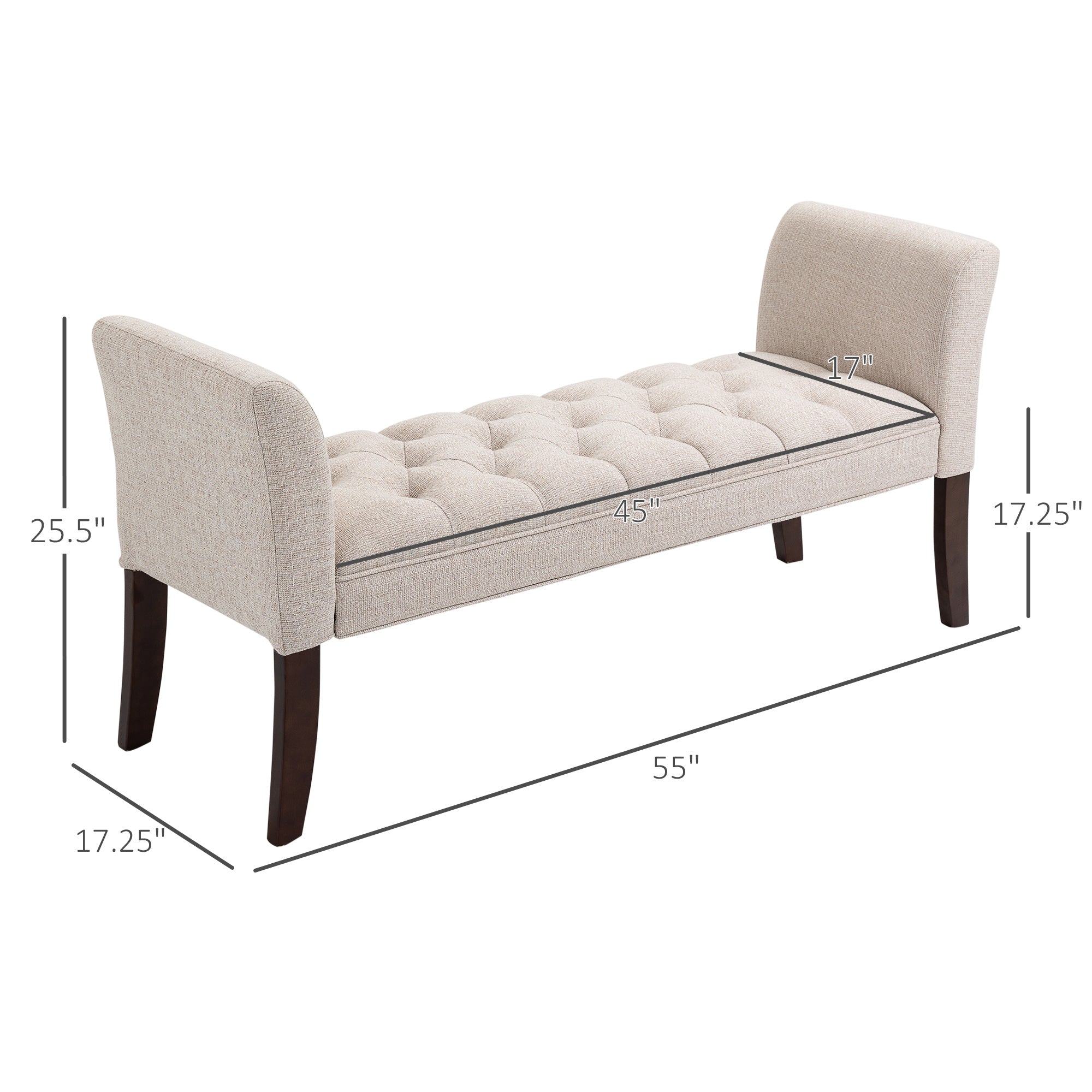 End of Bed Bench with Button Tufted Design, Arms & Solid Wood Legs, Beige