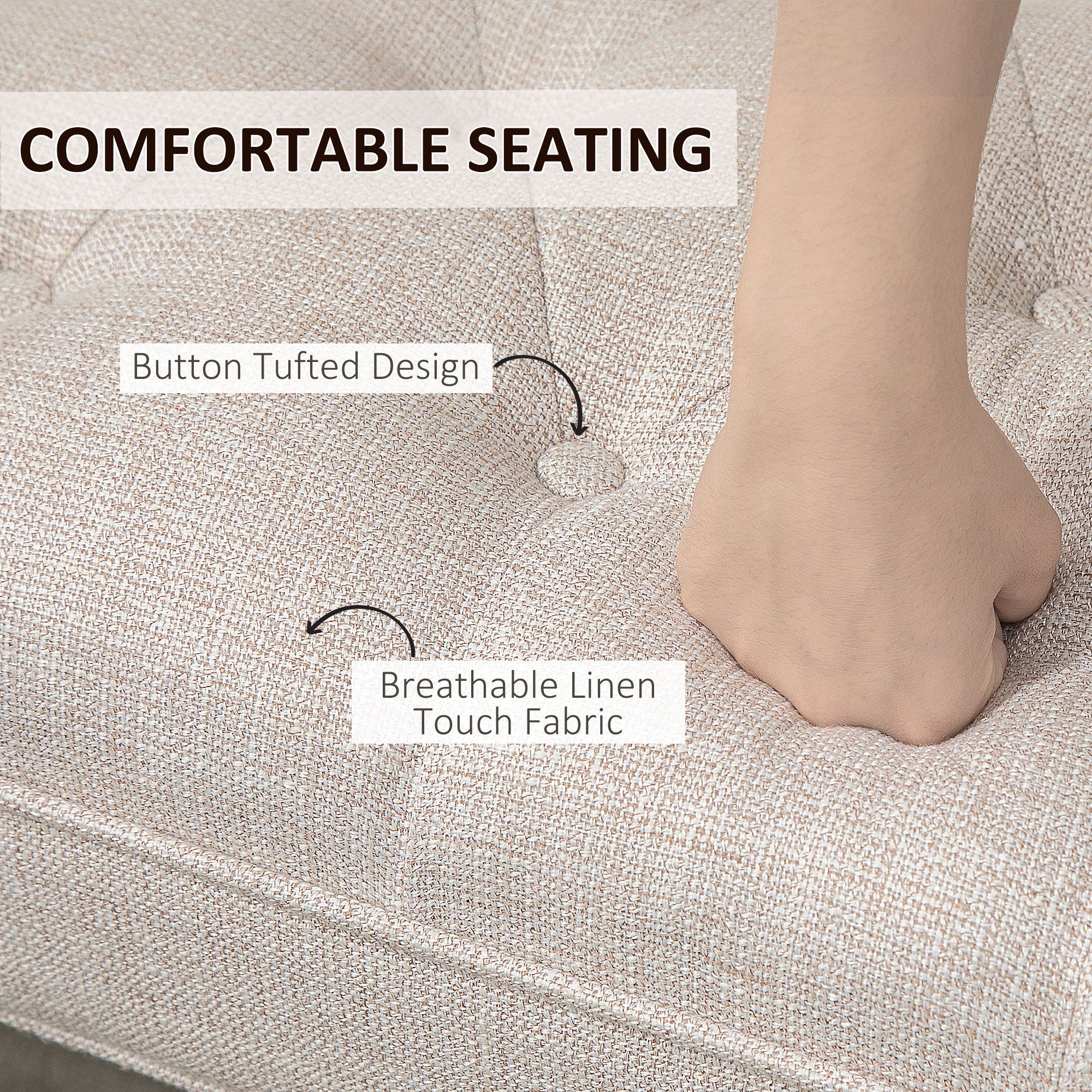 End of Bed Bench with Button Tufted Design, Arms & Solid Wood Legs, Beige