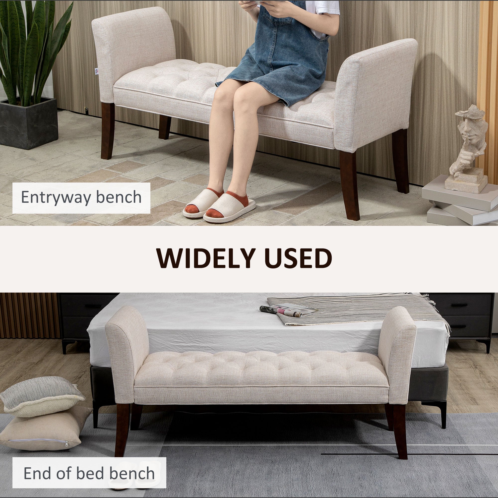 End of Bed Bench with Button Tufted Design, Arms & Solid Wood Legs, Beige