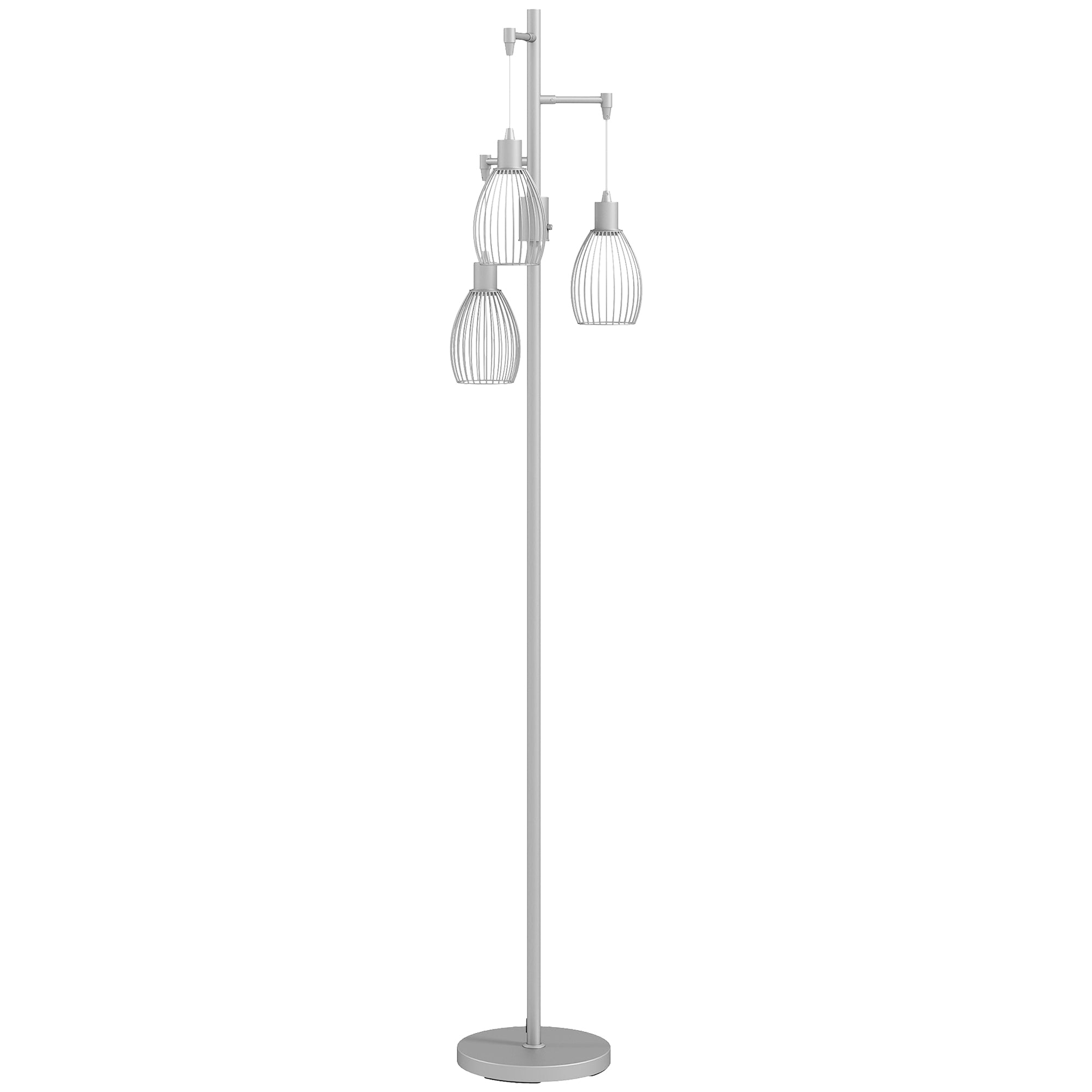 Industrial Floor Lamp with 3 Hanging Wire Lampshades, Dimmable Standing Lamp for Living Room, Bedroom, Dining Room, Study, Silver