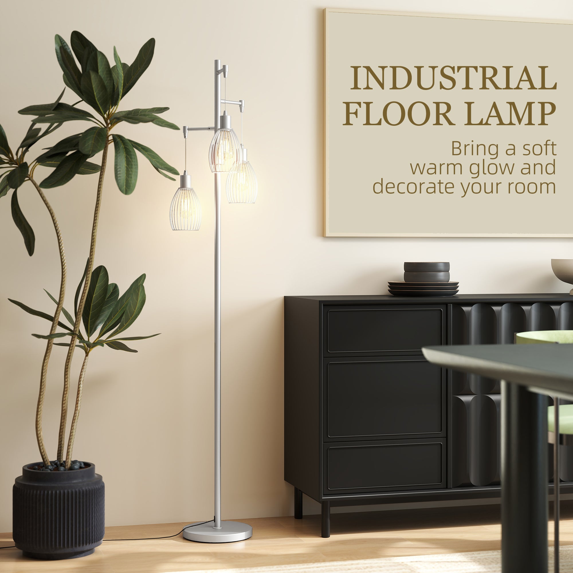Industrial Floor Lamp with 3 Hanging Wire Lampshades, Dimmable Standing Lamp for Living Room, Bedroom, Dining Room, Study, Silver