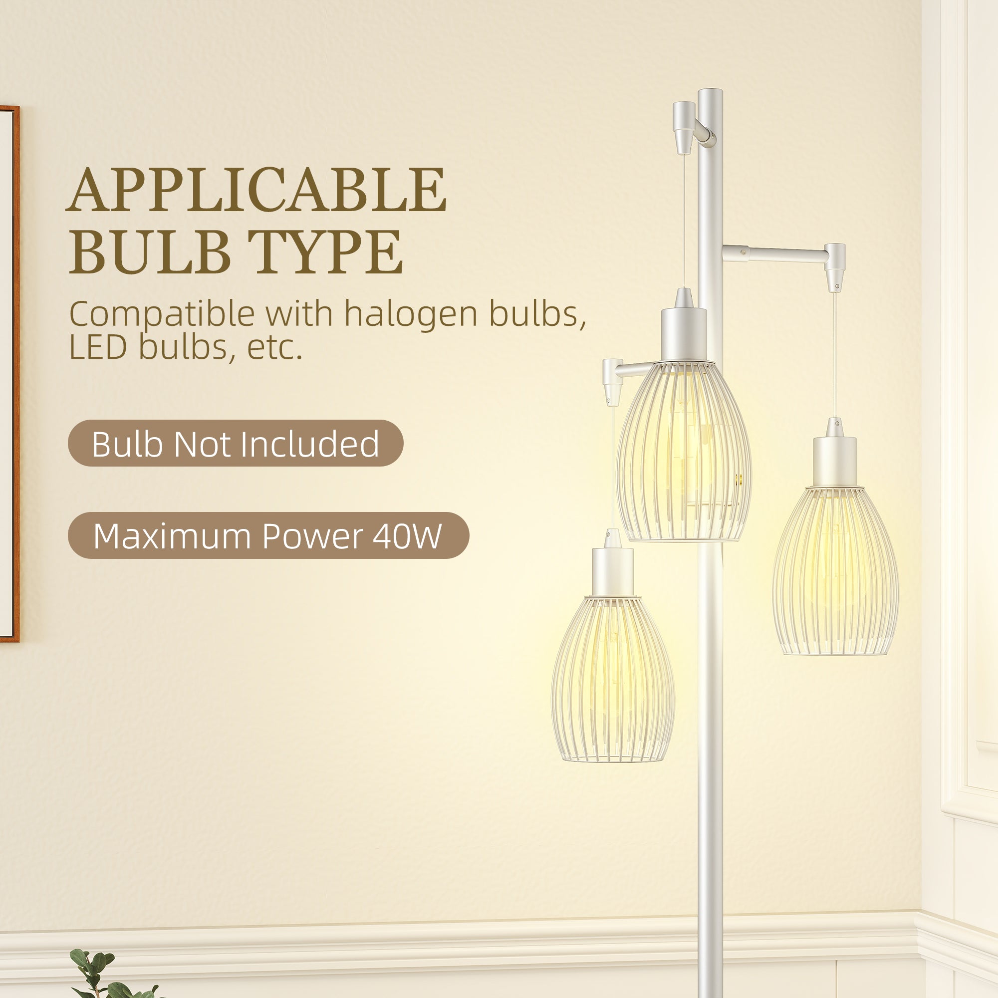 Industrial Floor Lamp with 3 Hanging Wire Lampshades, Dimmable Standing Lamp for Living Room, Bedroom, Dining Room, Study, Silver