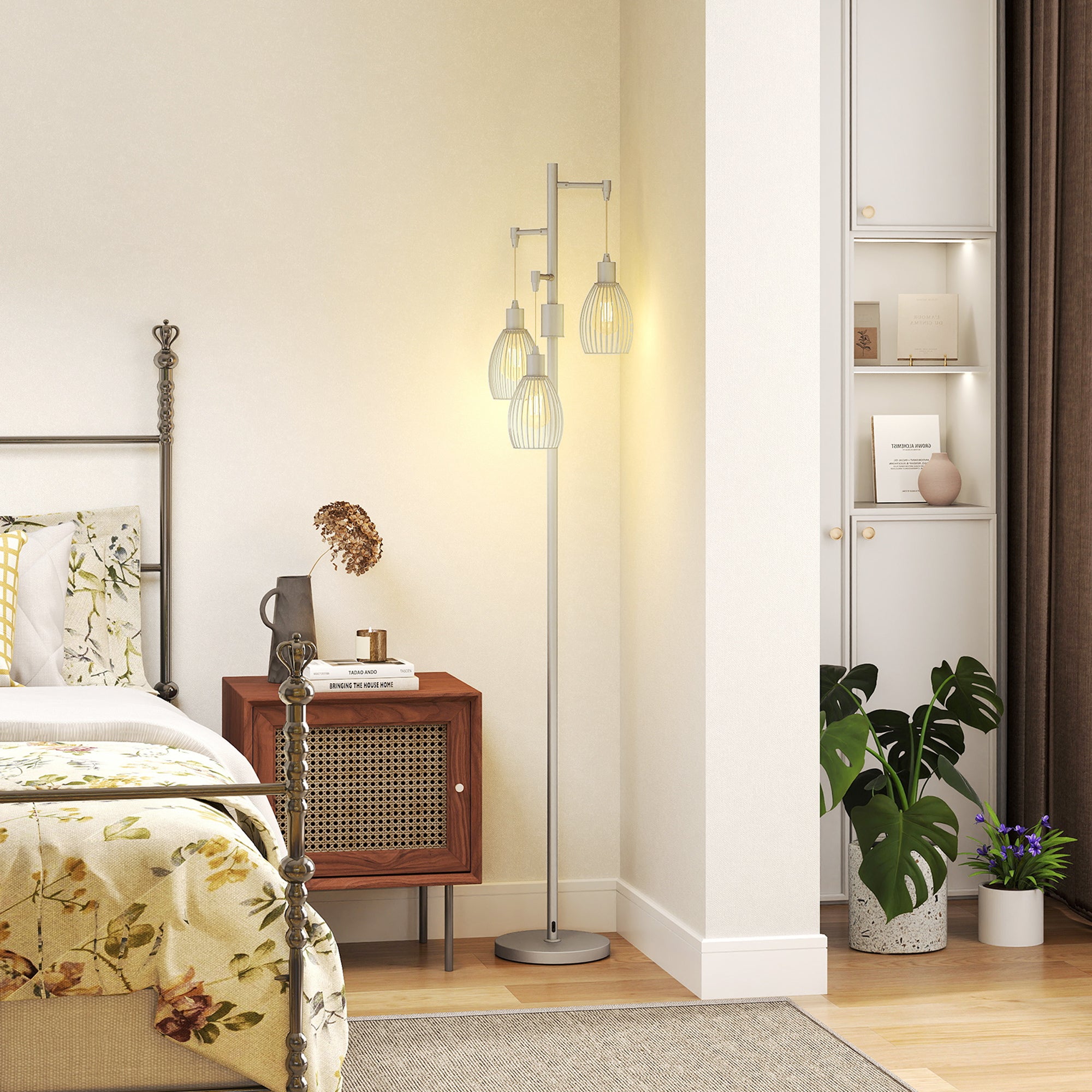 Industrial Floor Lamp with 3 Hanging Wire Lampshades, Dimmable Standing Lamp for Living Room, Bedroom, Dining Room, Study, Silver