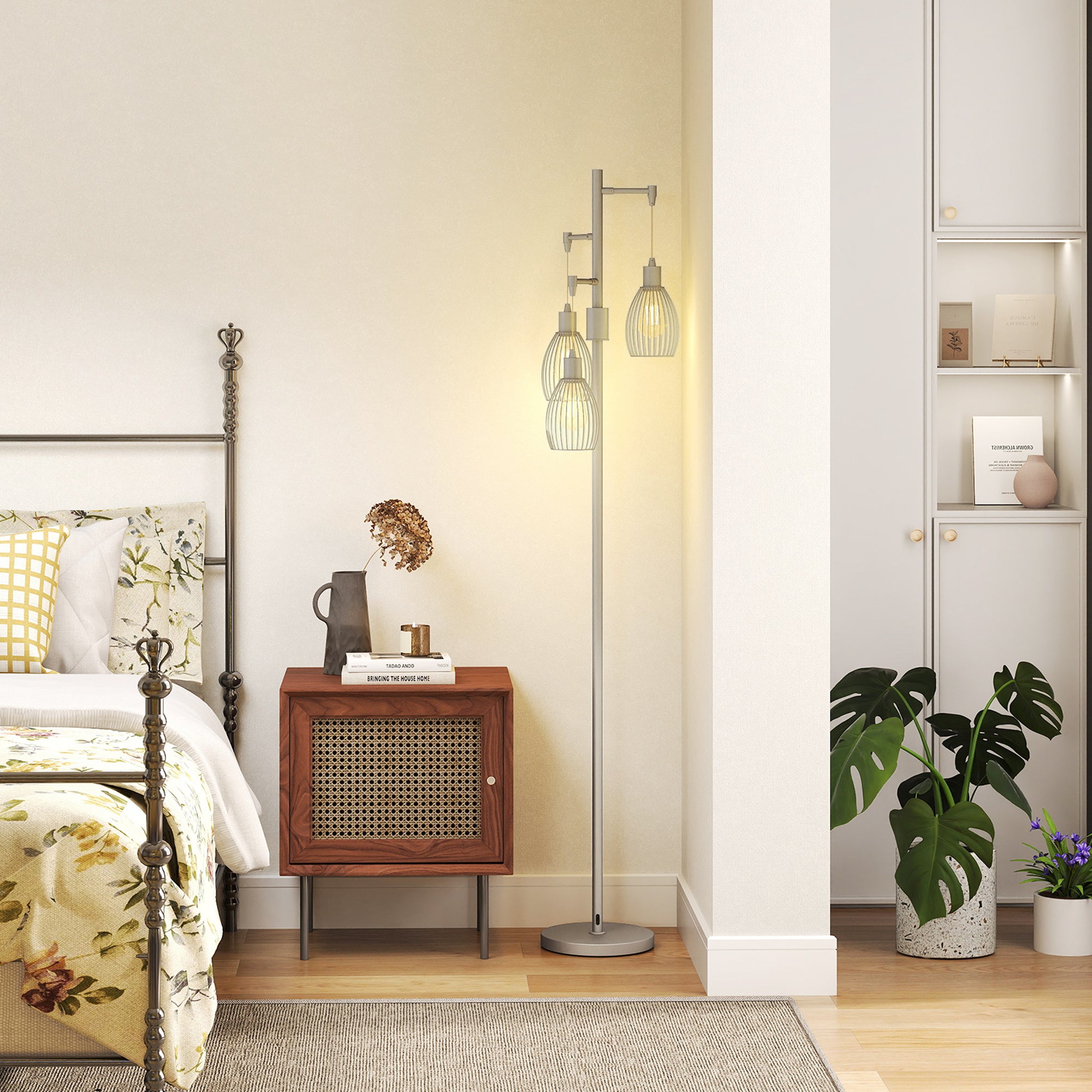 Industrial Floor Lamp with 3 Hanging Wire Lampshades, Dimmable Standing Lamp for Living Room, Bedroom, Dining Room, Study, Silver