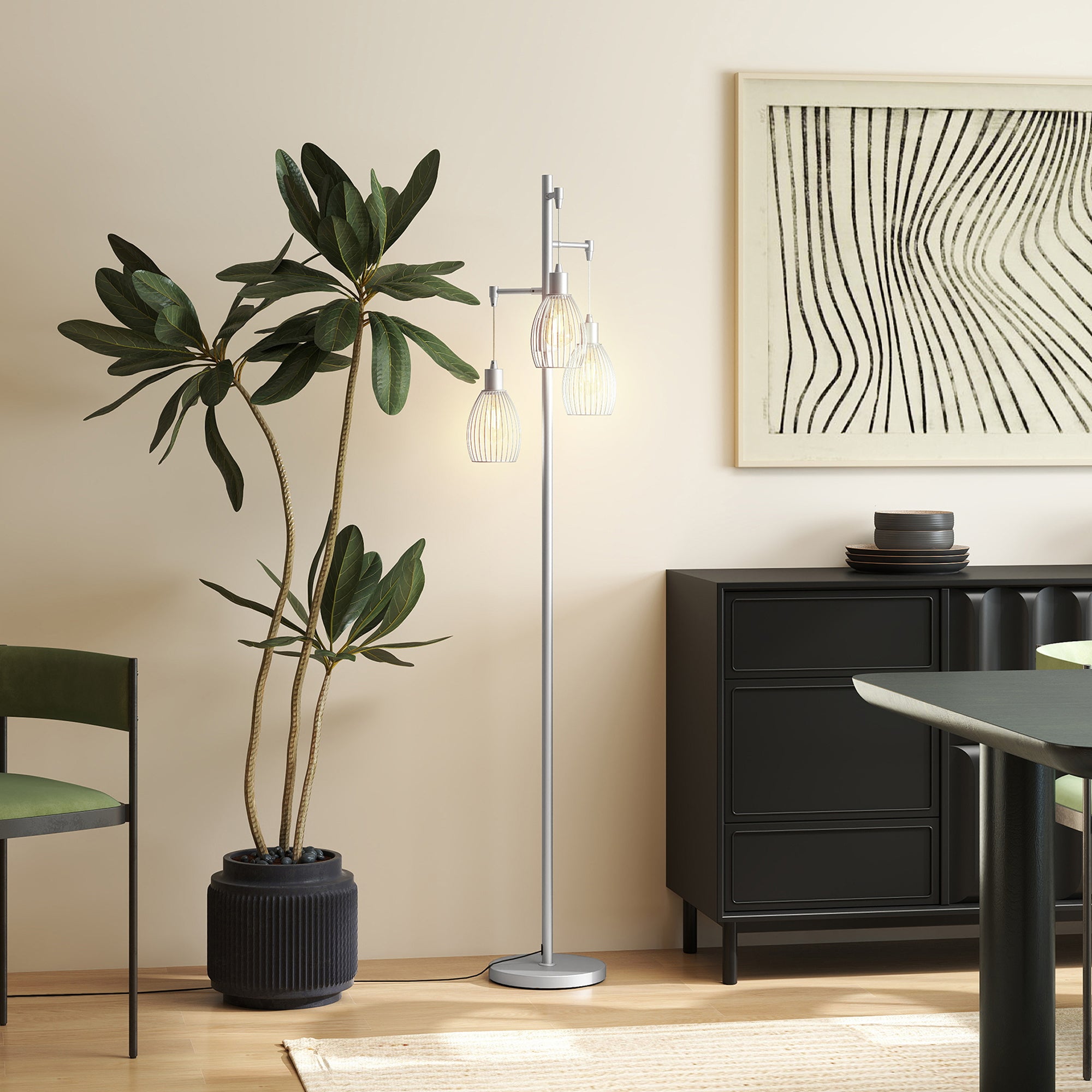 Industrial Floor Lamp with 3 Hanging Wire Lampshades, Dimmable Standing Lamp for Living Room, Bedroom, Dining Room, Study, Silver