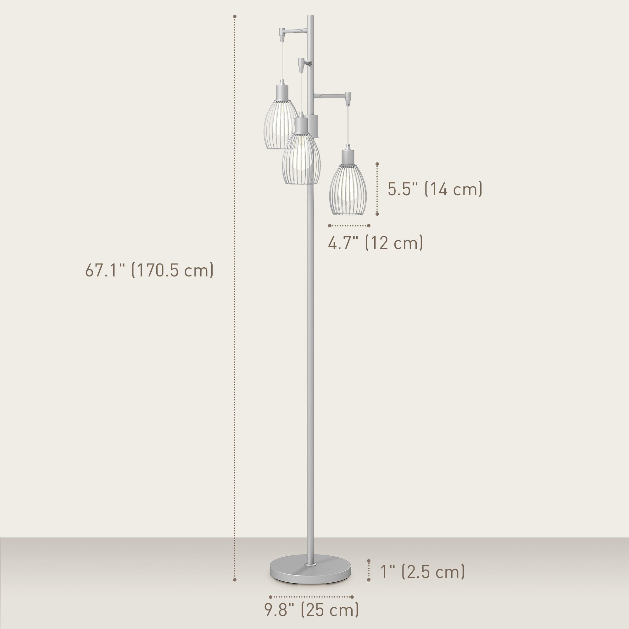 Industrial Floor Lamp with 3 Hanging Wire Lampshades, Dimmable Standing Lamp for Living Room, Bedroom, Dining Room, Study, Silver