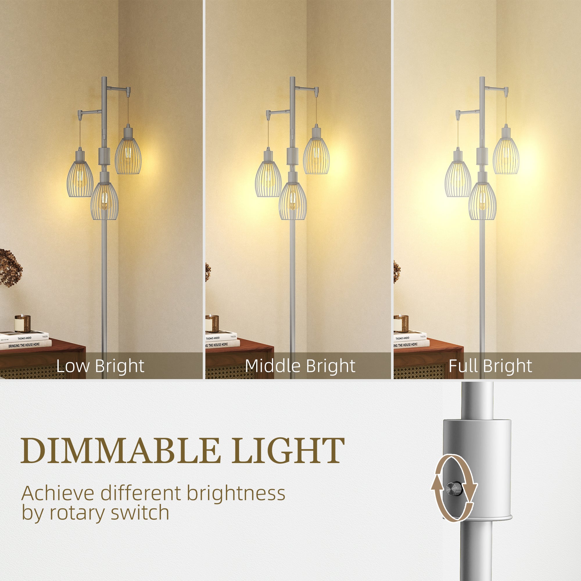 Industrial Floor Lamp with 3 Hanging Wire Lampshades, Dimmable Standing Lamp for Living Room, Bedroom, Dining Room, Study, Silver