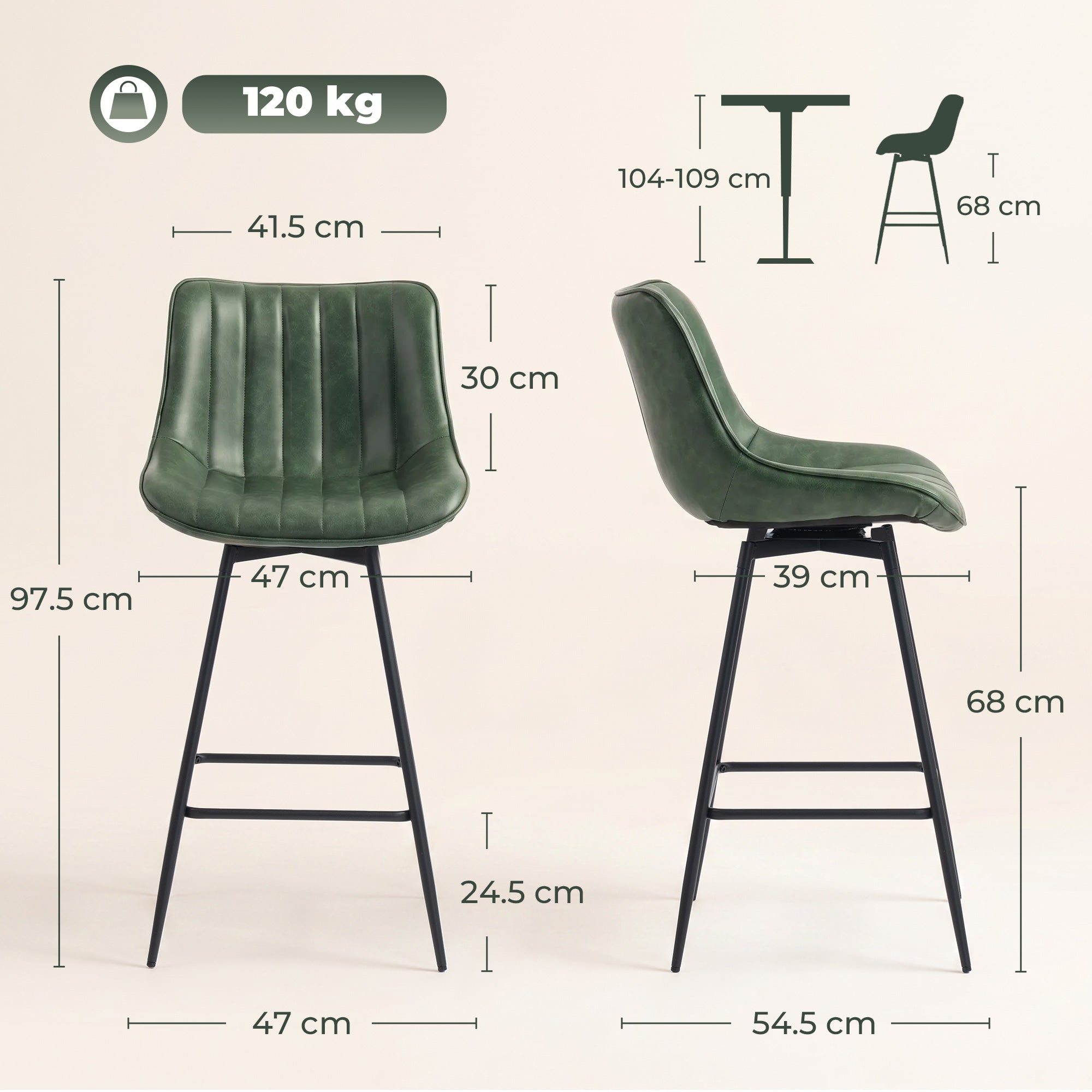Swivel Bar Stools Set of 2, Textured Faux Leather Counter Stools with Backrest and Footrest, Height Adjustable Breakfast Chairs for Kitchen Island, Home Bar, Dining Room, Dark Green