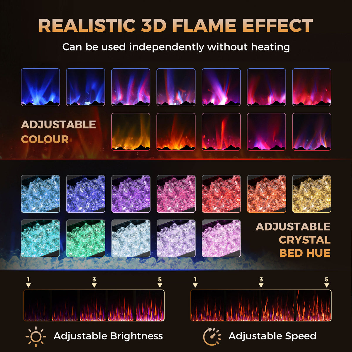 50\" Electric Fireplace Insert, Ultra-Thin Recessed, Wall Mounted and Freestanding Fireplace w/ Flame Effect, Adjustable Brightness, Crystal Stone, Remote, 750W/1500W, Black