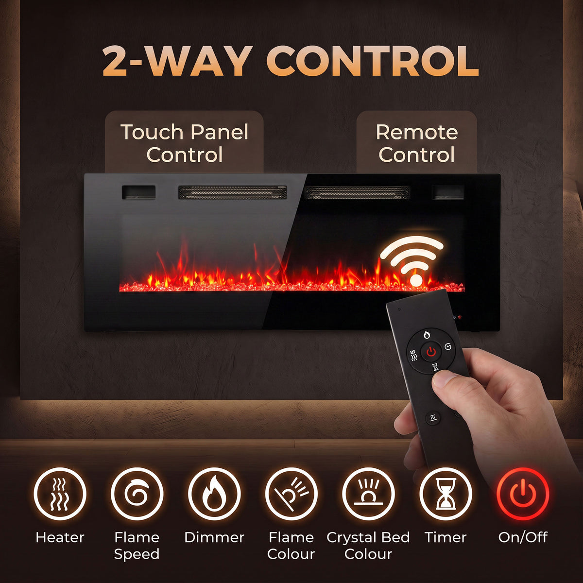 50\" Electric Fireplace Insert, Ultra-Thin Recessed, Wall Mounted and Freestanding Fireplace w/ Flame Effect, Adjustable Brightness, Crystal Stone, Remote, 750W/1500W, Black