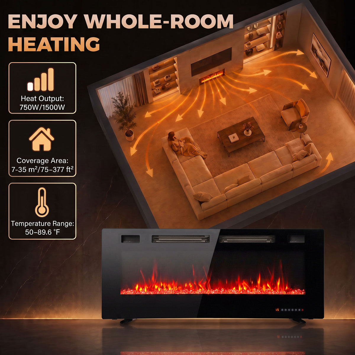 50\" Electric Fireplace Insert, Ultra-Thin Recessed, Wall Mounted and Freestanding Fireplace w/ Flame Effect, Adjustable Brightness, Crystal Stone, Remote, 750W/1500W, Black