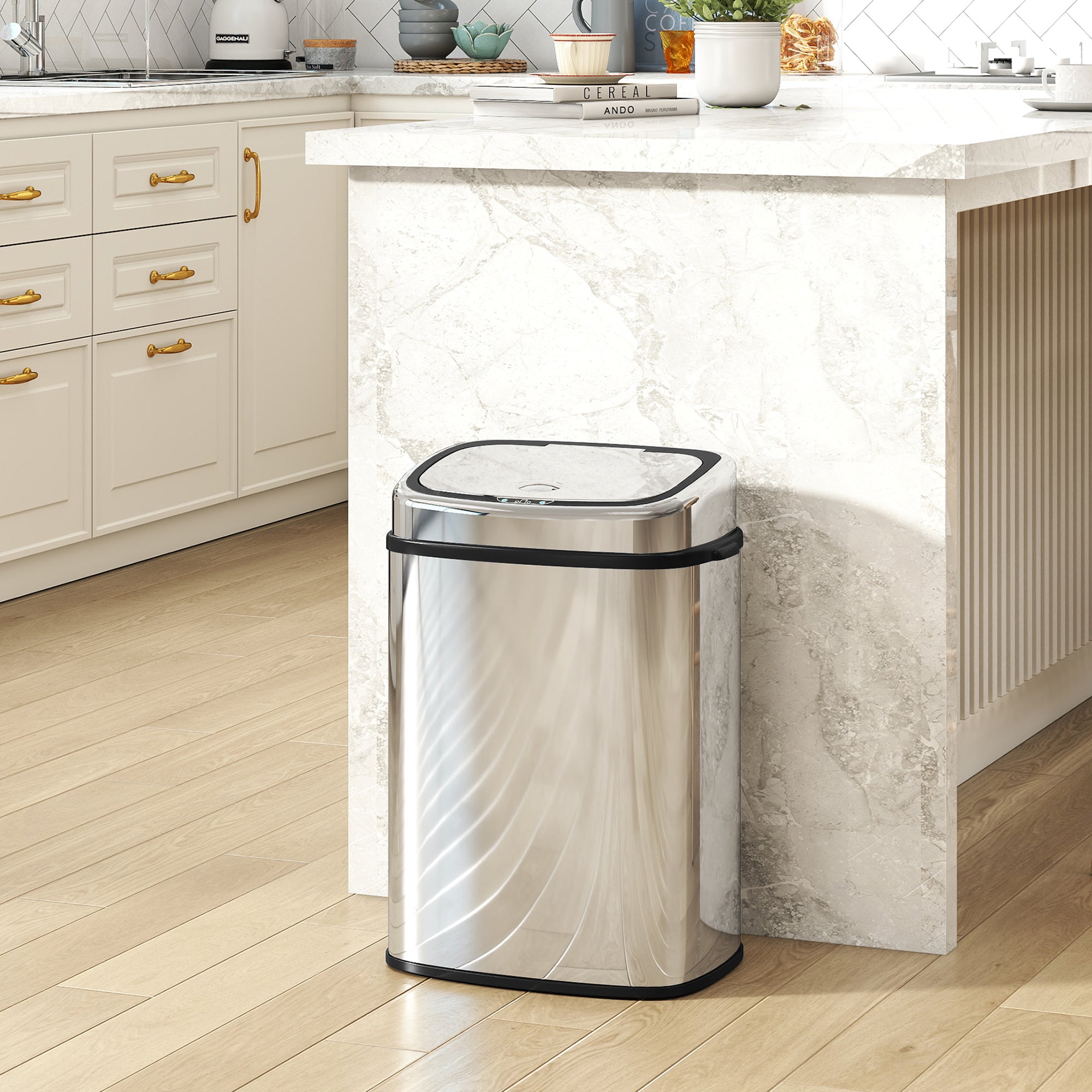 50L Sensor Bin with Soft-Close Lid, Automatic Touchless Motion Sensor Kitchen Bin with Fingerprint Resistant Stainless Steel for Hygienic Gyms, Home Office Use, Silver Tone