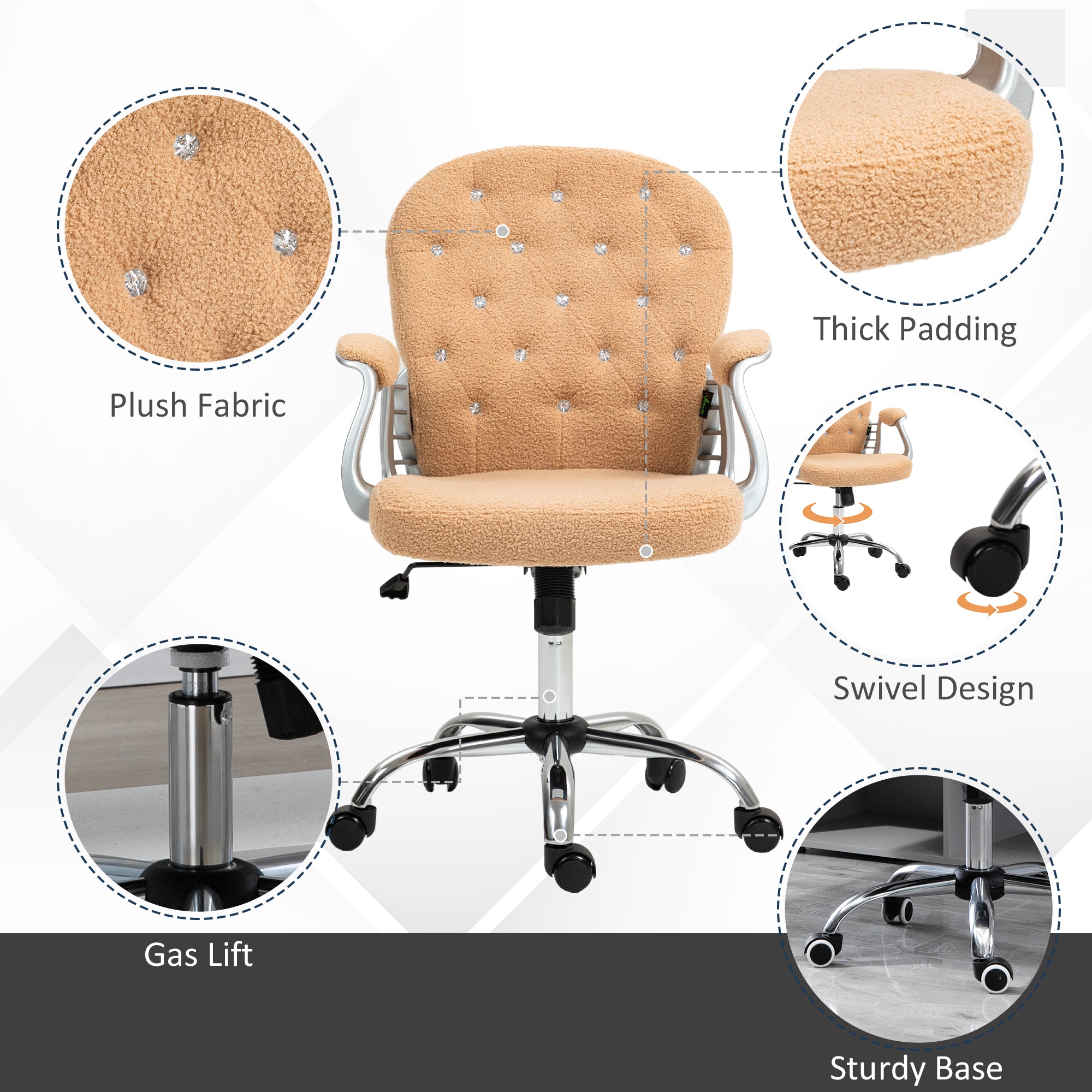 Button Tufted Desk Chair w/ Padded Armrests, Adjustable Height & Swivel Wheels, Brown