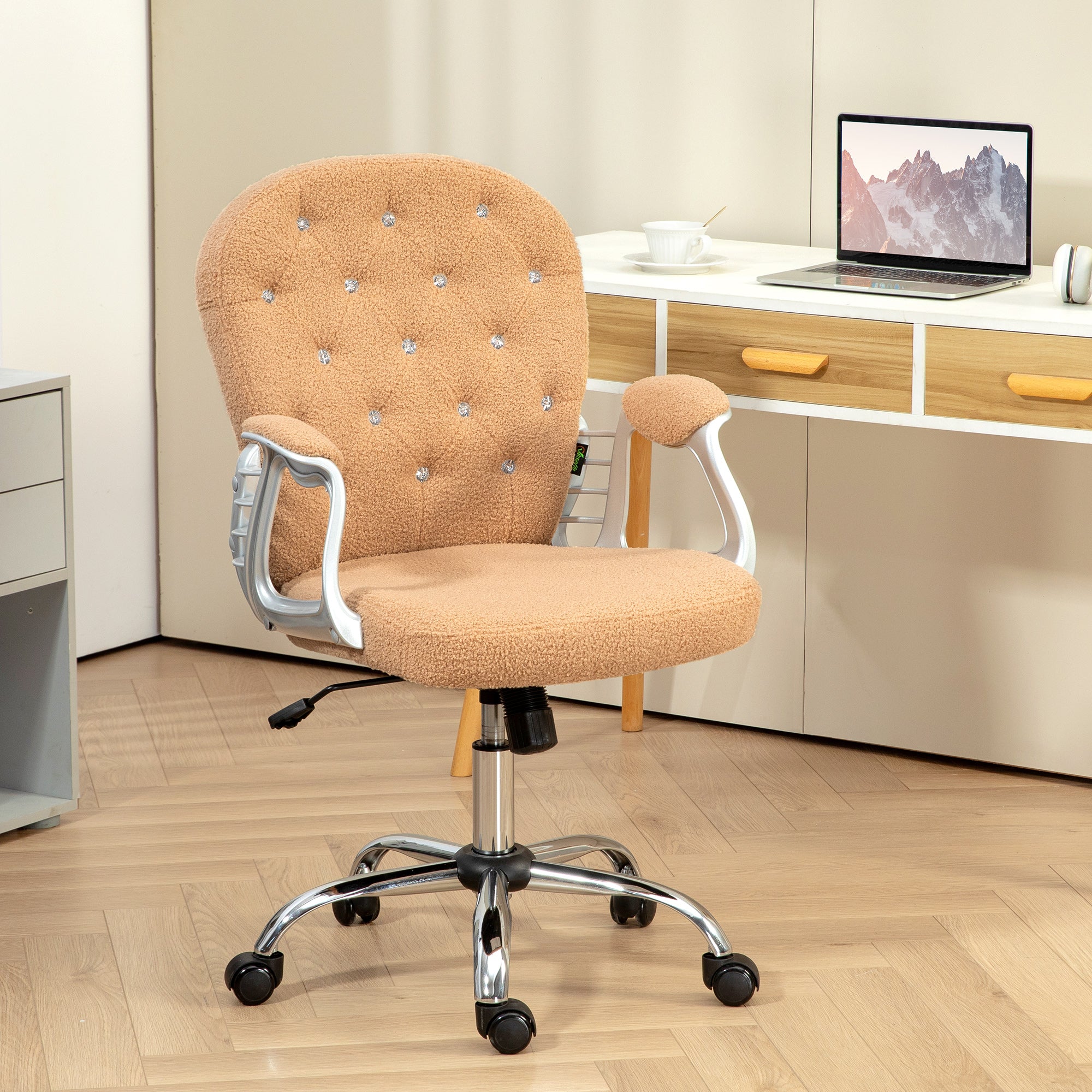 Button Tufted Desk Chair w/ Padded Armrests, Adjustable Height & Swivel Wheels, Brown