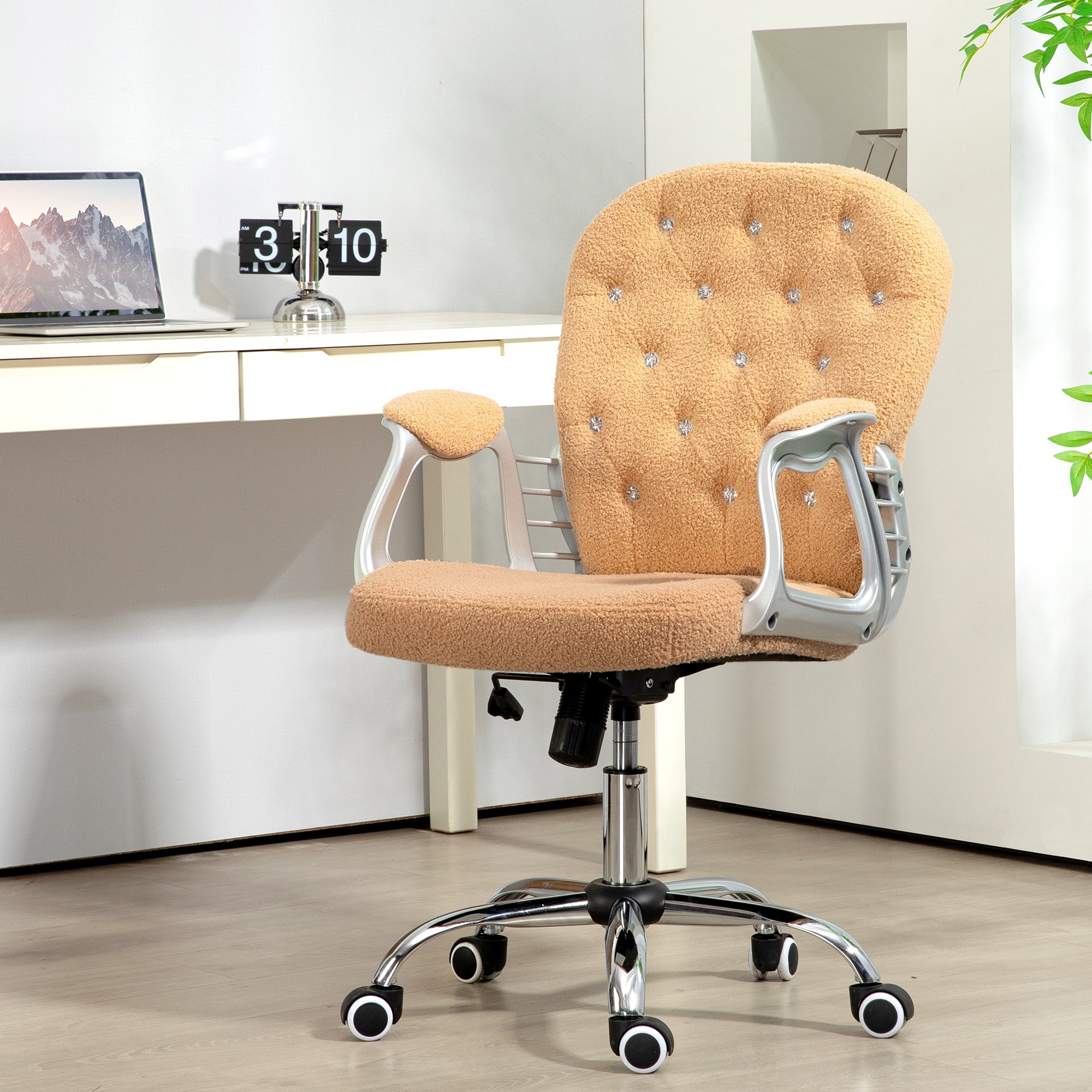 Button Tufted Desk Chair w/ Padded Armrests, Adjustable Height & Swivel Wheels, Brown