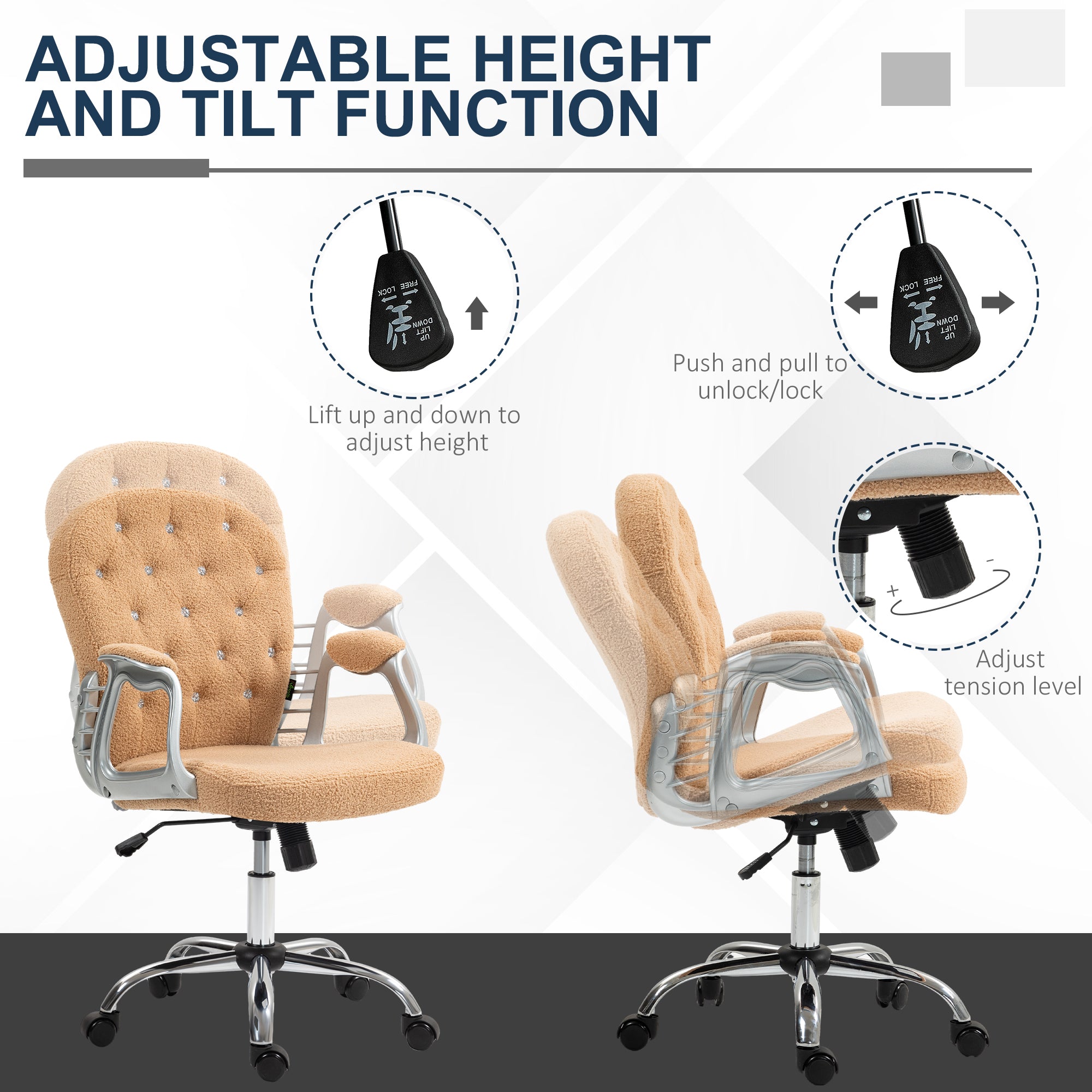 Button Tufted Desk Chair w/ Padded Armrests, Adjustable Height & Swivel Wheels, Brown