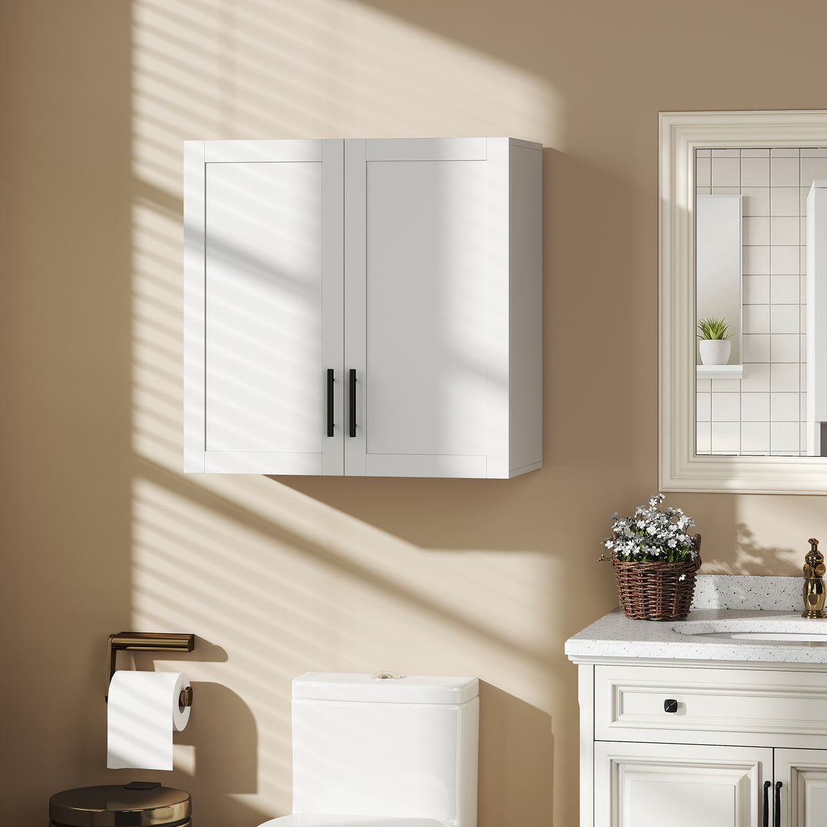Bathroom Wall Cabinet, Wall Mounted Over the Toilet Space Saver with 2 Doors and Adjustable Shelf Storage for Bathroom, White