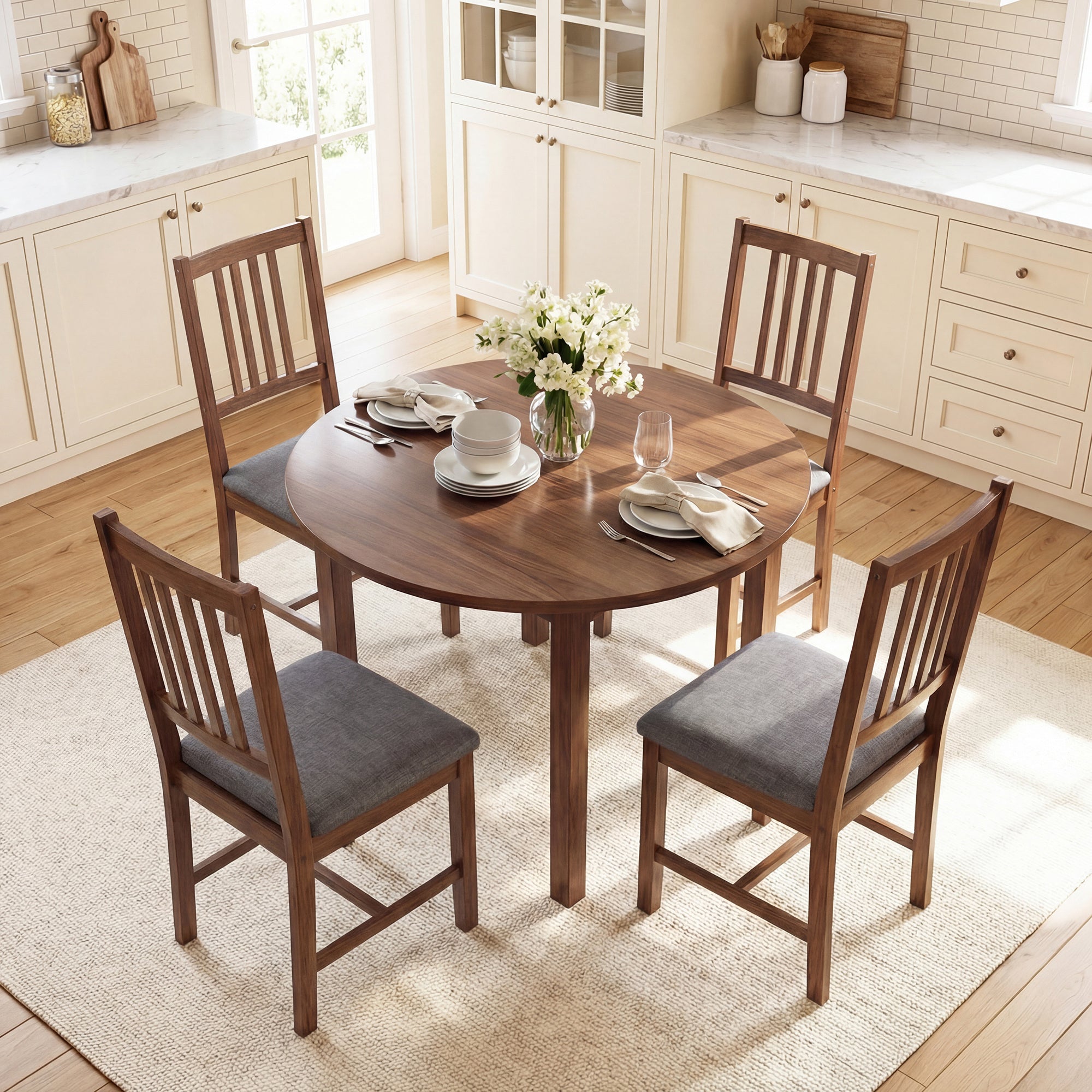 Wooden Dining Chairs Set of 2, Mid-Century Modern Upholstered Kitchen Chairs with Slat Backrest, Rubberwood Legs and Padded Seat for Dining Room, Living Room, Gray