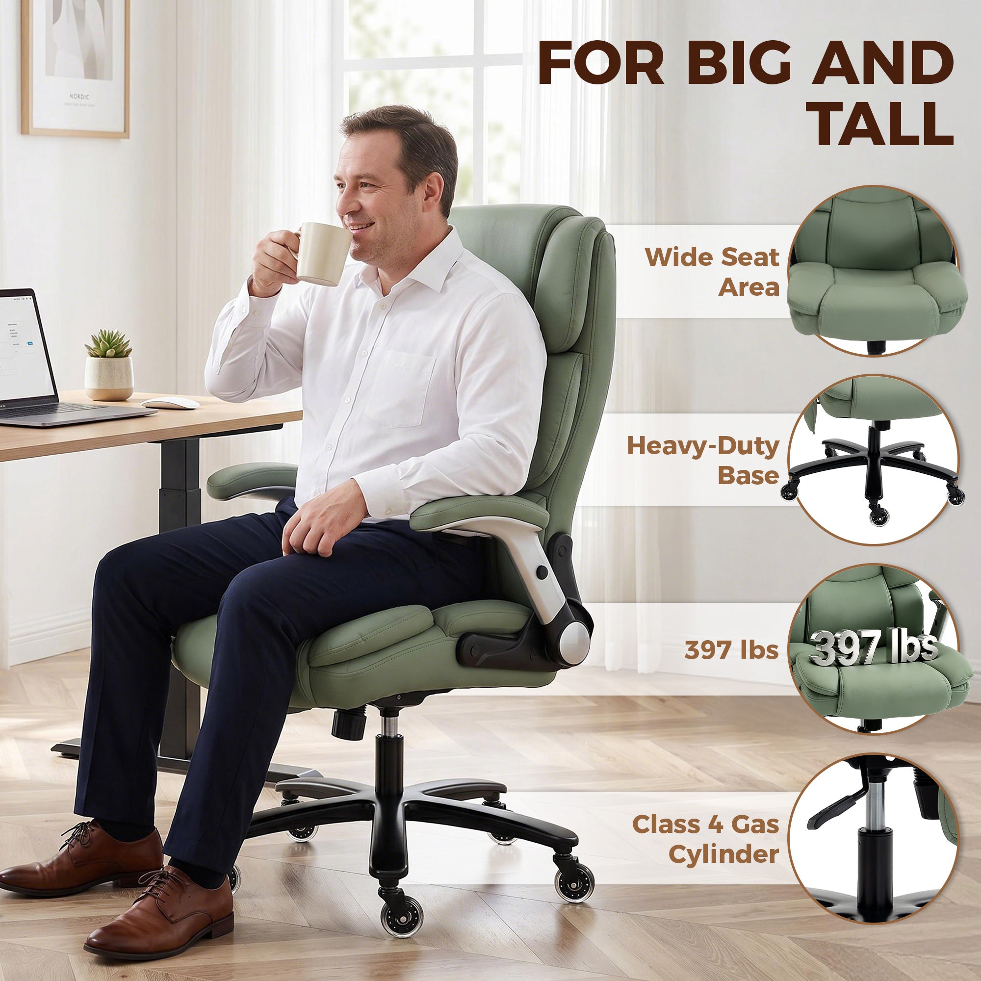 Heavy Duty Office Chair 400LBS with Airbag Lumbar Support, Pet-Friendly Fabric, Big and Tall Desk Chair with Flip-Up Armrests, Pocket Springs, Class 4 Gas Cylinder, Wide Seat, Light Green