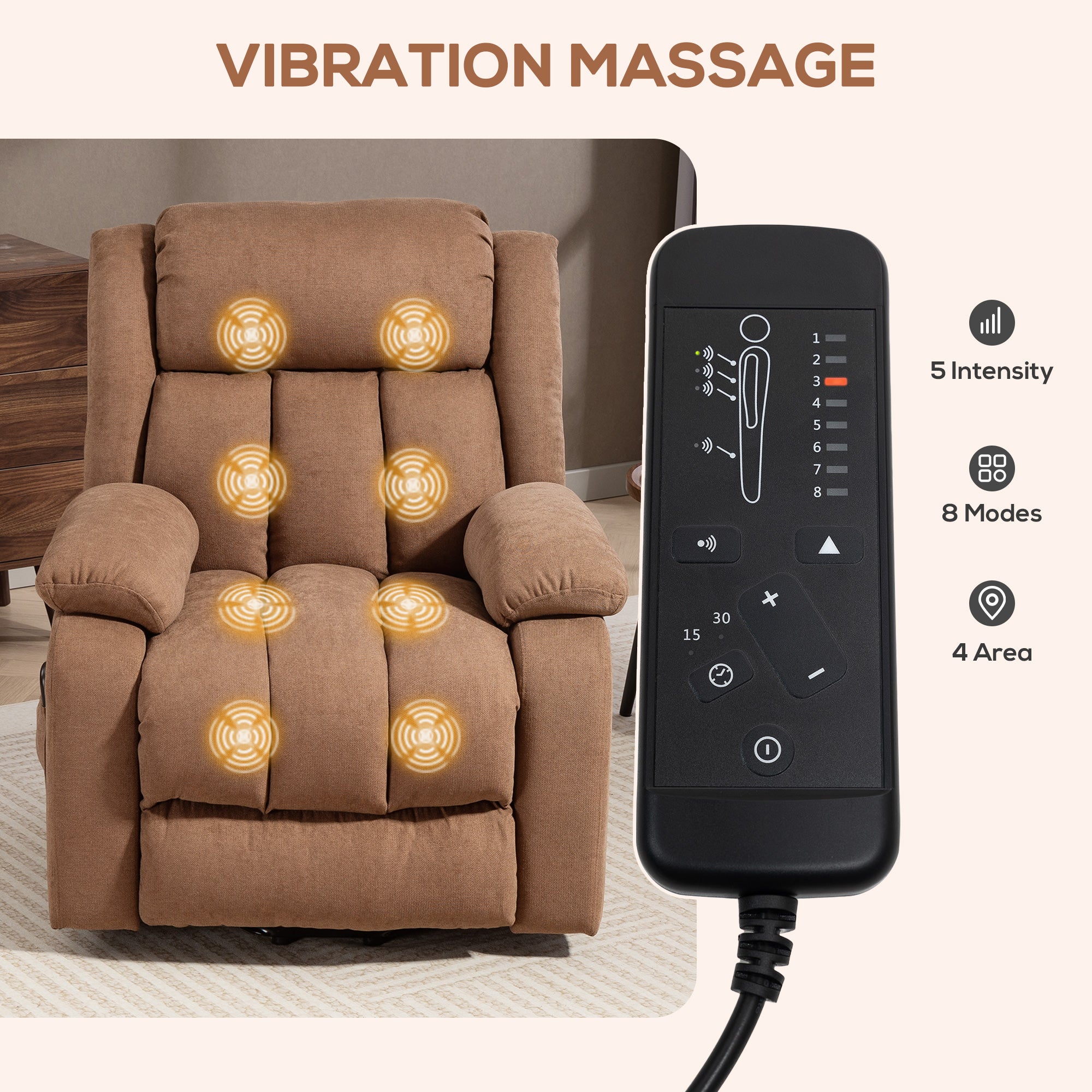 Power Lift Recliner Chair with Massage, Linen Overstuffed Lift Chair for Elderly, Electric Recliner Armchair with Footrest, Remote Control and Side Pocket, for Living Room, Brown