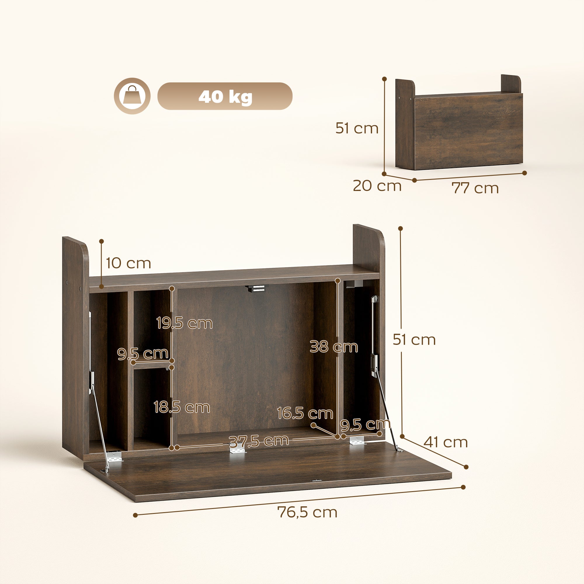 Wall Mounted Desk, Drop Leaf Floating Laptop Desk with Space Saving Storage Compartments for Home Office and Study, 77cm x 20cm x 51cm, Dark Brown